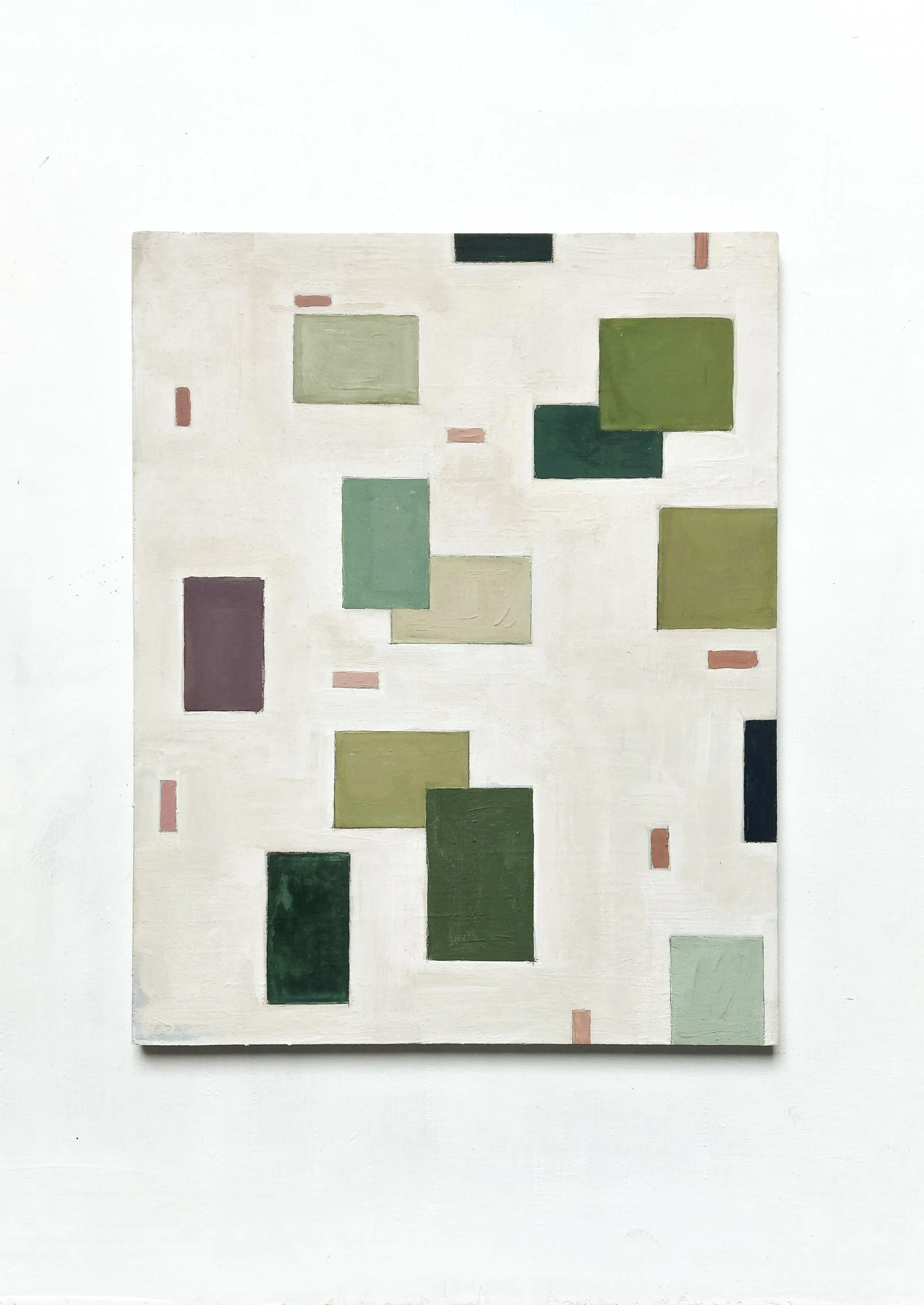  Composition with green and pink rectangles, 2026, Tempera & Gouache on Plywood — 24 x 30 cm