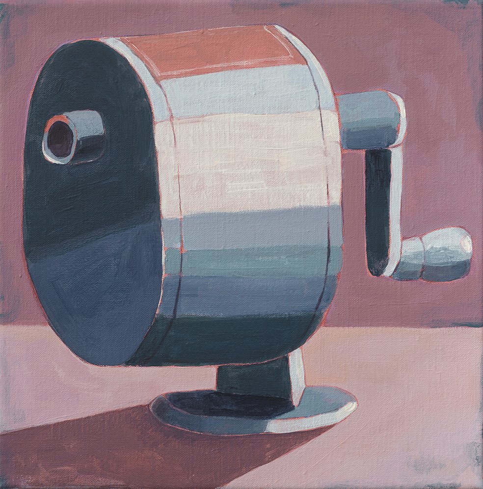 Retired Pencil Sharpener,' 2025, 
Acrylics & Colored Pencil on Canvas — 30 x 30 cm.