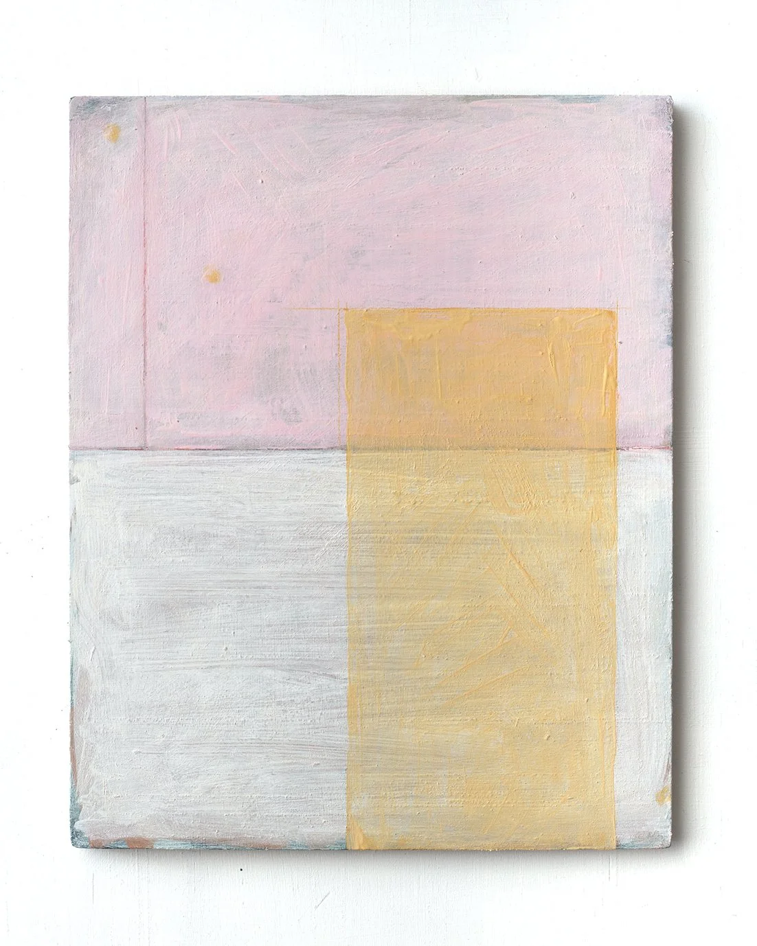 Composition with pink, white and yellow, 2026, Vinyl, acrylics & Colored Penxil on Plywood. 24 X 30 cm