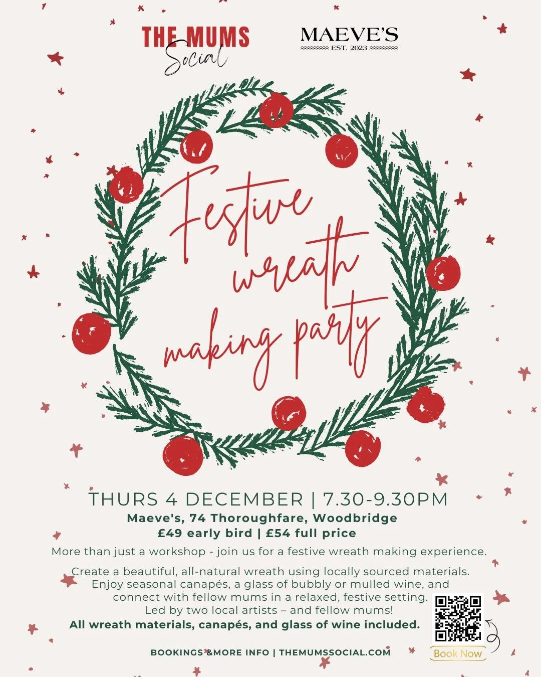 We can't wait for this one.

@themumssocial is heading to Maeve's next month to host a festive wreath making party, and we'd love you to join us. 

Taking place on Thursday 4 December at 7:30pm, tickets cost &pound;54 and include everything you need 