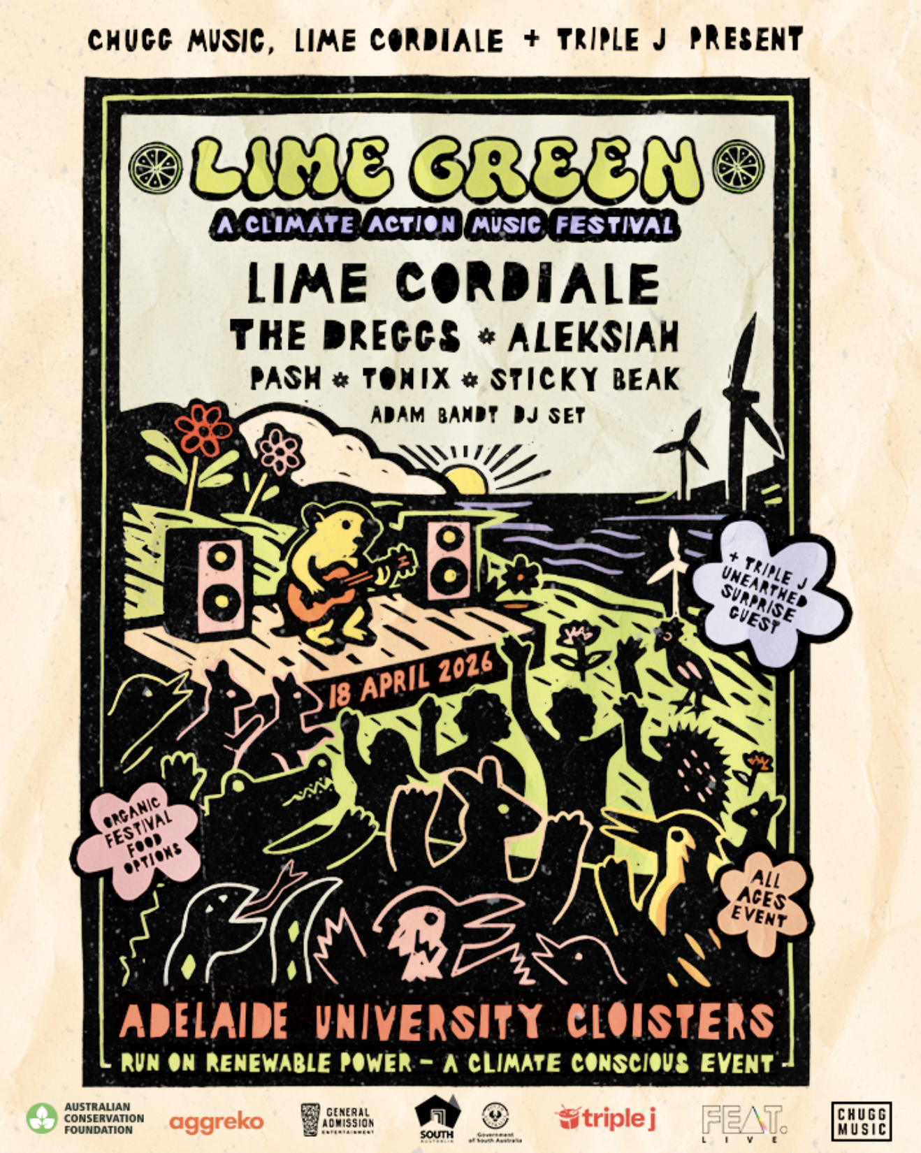 Lime Green Festival poster for April 18, 2026, at Adelaide University Cloisters, featuring Lime Cordiale and The Dreggs. A climate-conscious event.