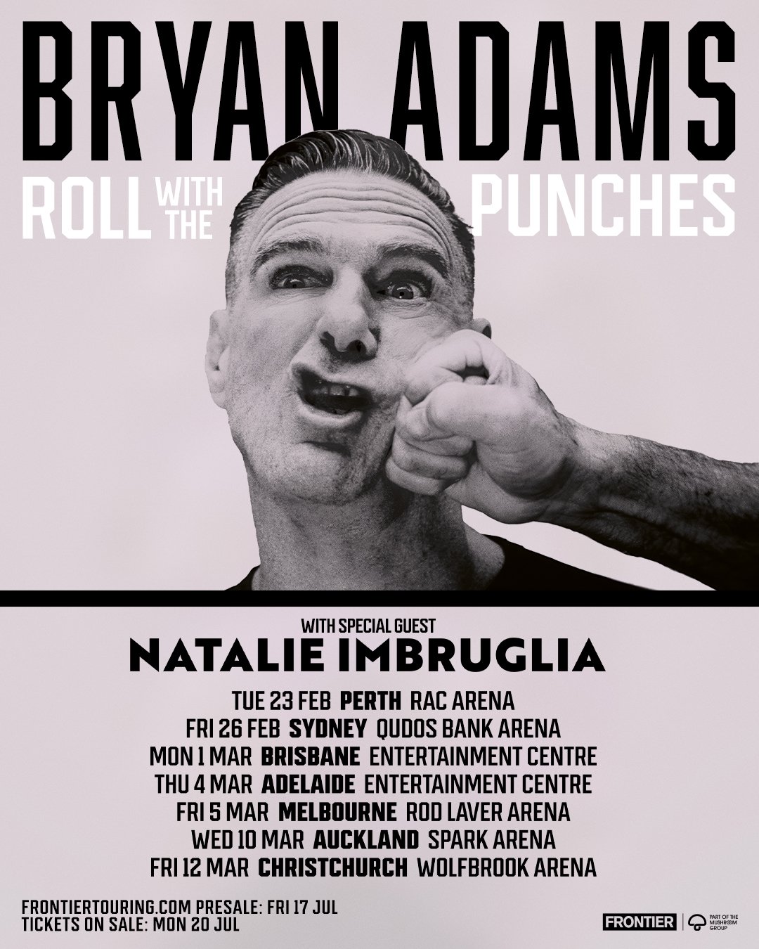 Bryan Adams Roll With The Punches tour poster featuring special guest Natalie Imbruglia, showing his face hit by a fist, with Australia & NZ dates