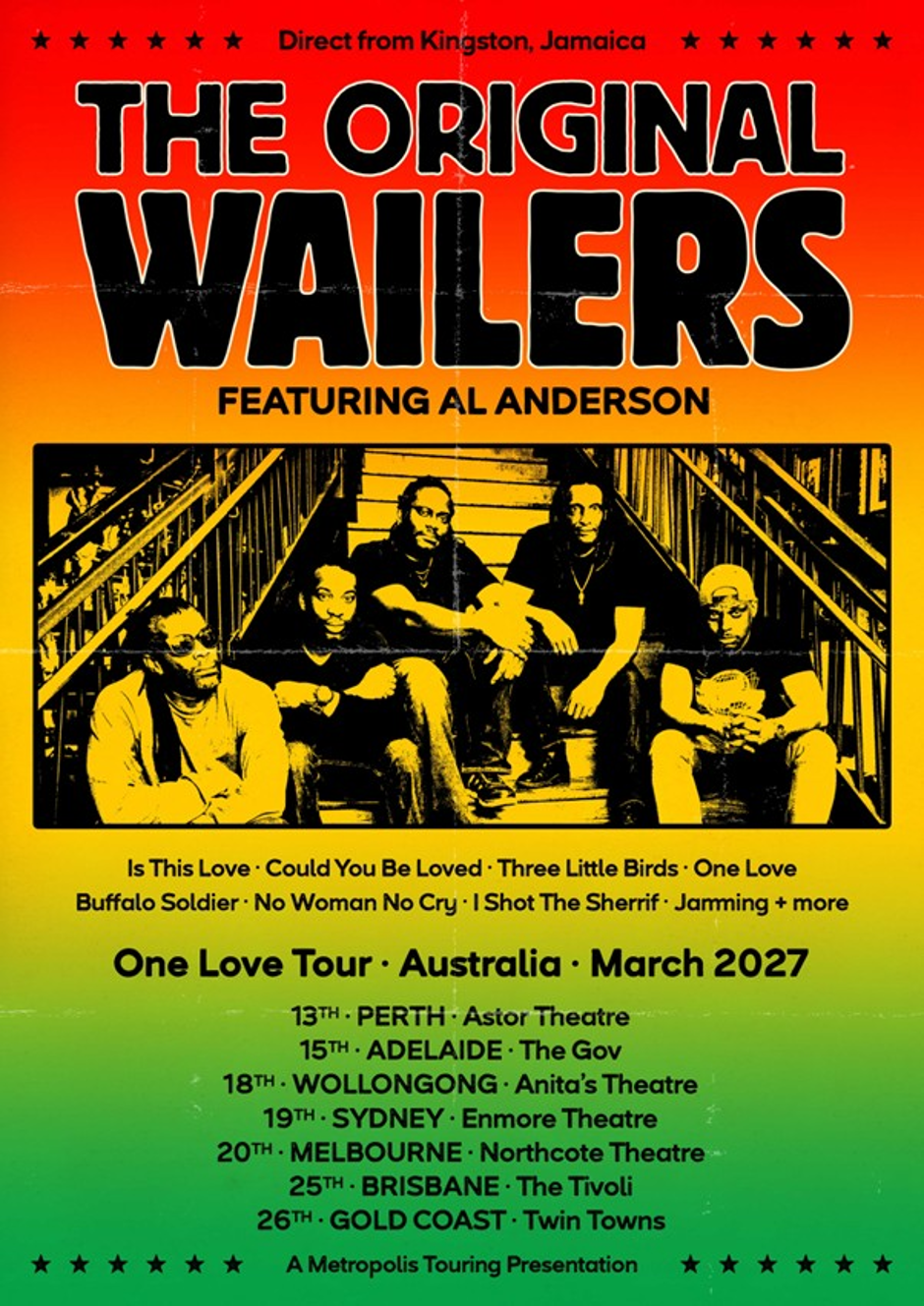 The Original Wailers tour poster for the One Love Tour Australia in March 2027, featuring Al Anderson, iconic songs, and concert dates.
