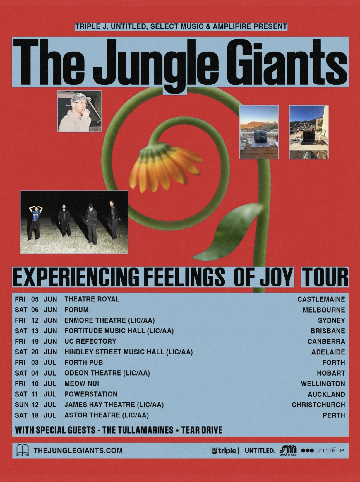 The Jungle Giants "Experiencing Feelings of Joy Tour" poster with dates for Melbourne, Sydney, Brisbane, and more with guests The Tullamarines.