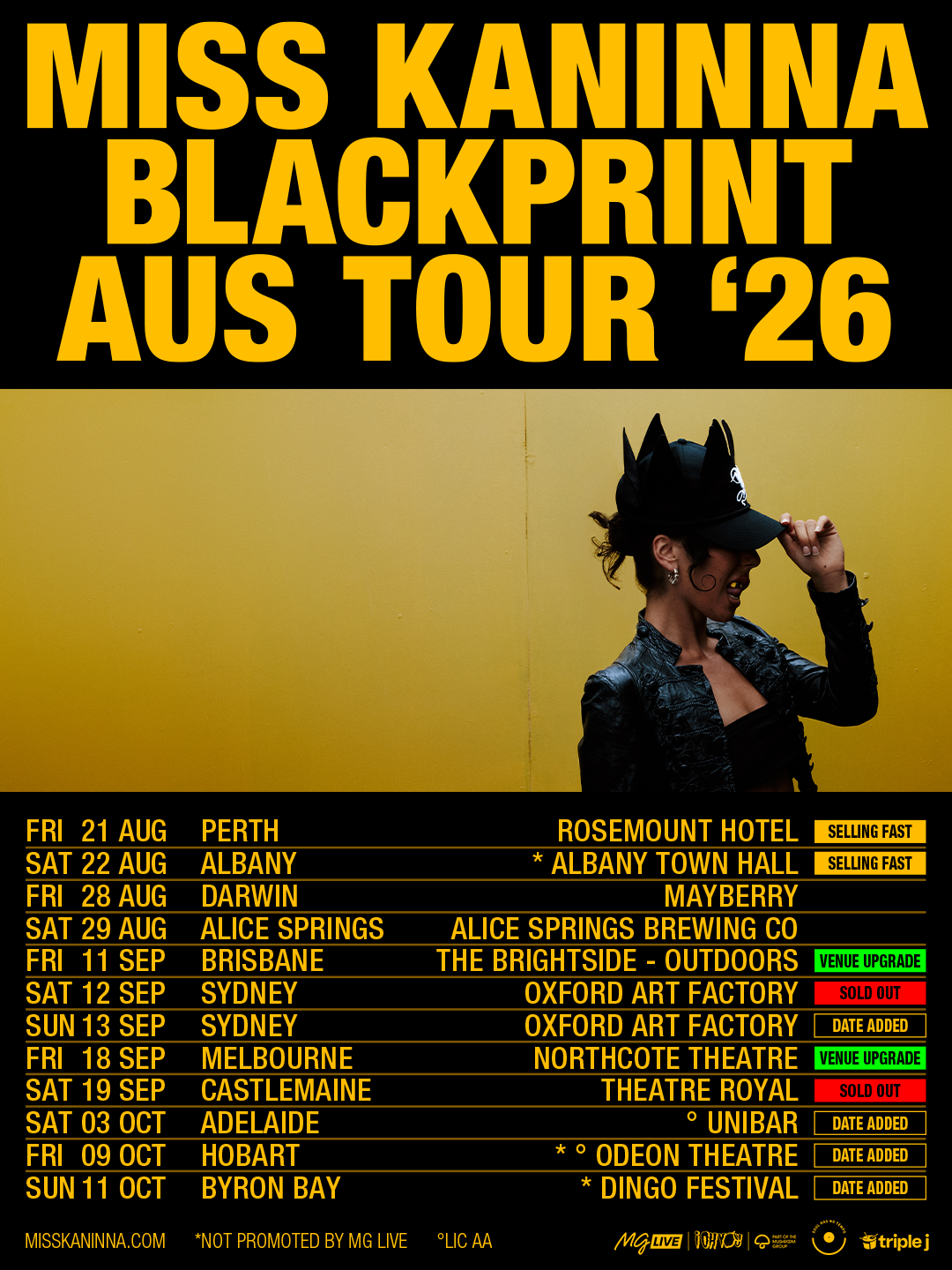 Miss Kaninna Blackprint Aus Tour '26 poster listing Australian concert dates for cities like Perth, Brisbane, Sydney, Melbourne, and Adelaide.