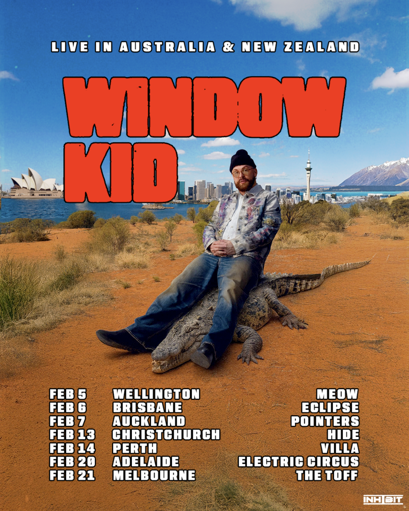 Tour poster for Window Kid’s 2026 Australia & New Zealand tour, featuring dates in Wellington, Brisbane, Auckland, Christchurch, Perth, and Adelaide.