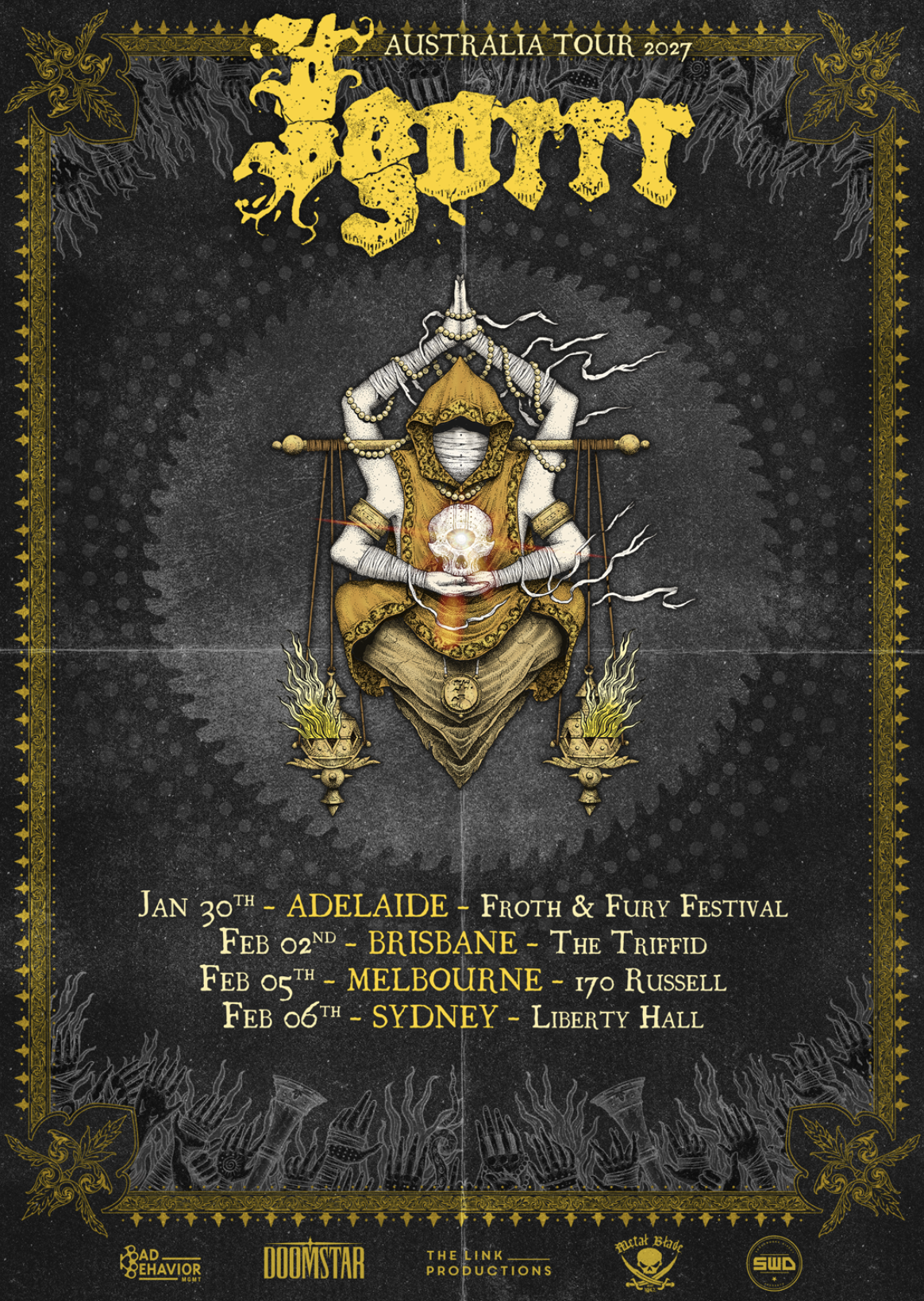 Igorrr Australia Tour 2027 poster featuring an occult four-armed figure holding a skull, with dates for Adelaide, Brisbane, Melbourne, and Sydney.