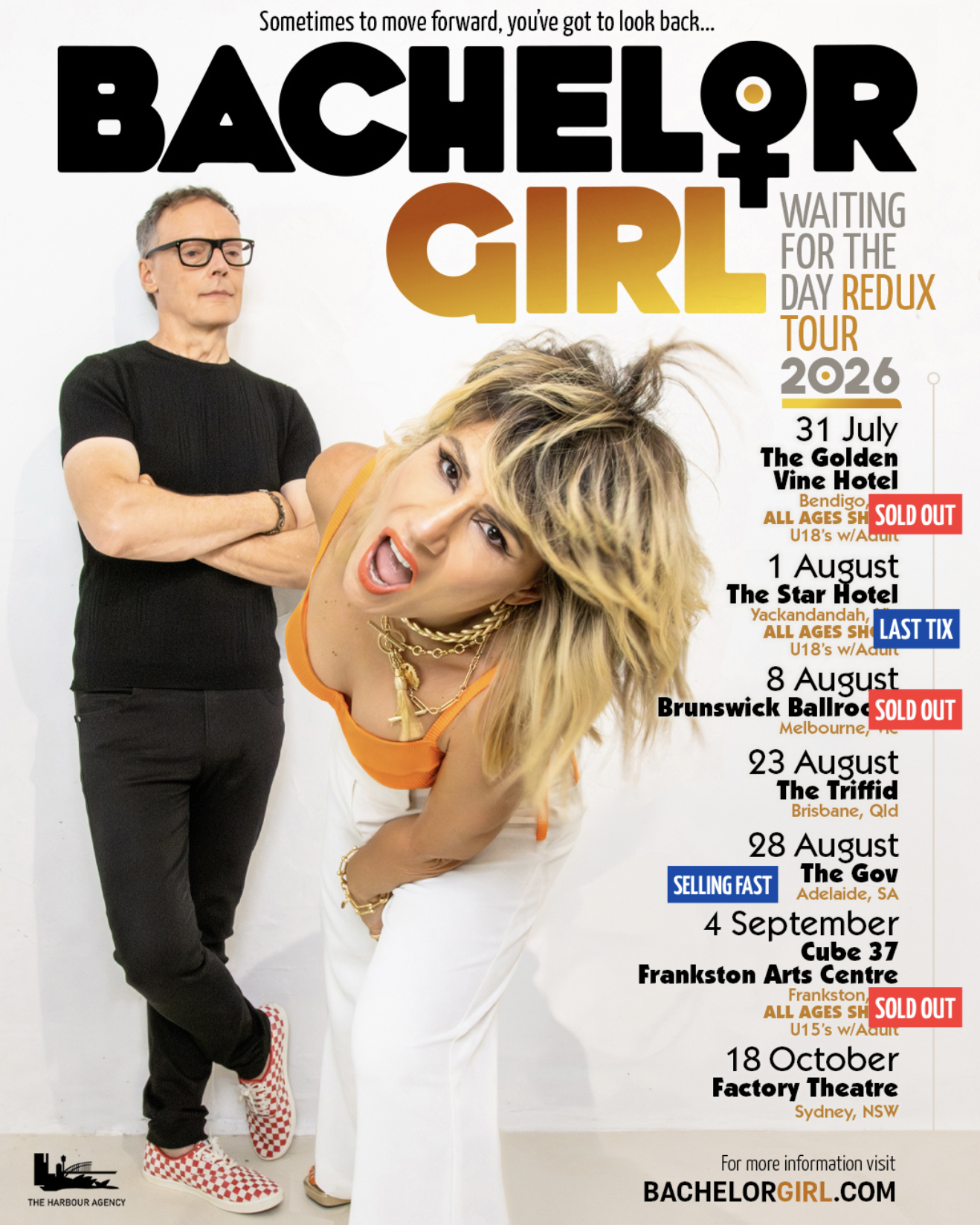 Bachelor Girl 2026 Waiting for the Day Redux Tour poster featuring the duo posing on white alongside a list of Australian concert dates.