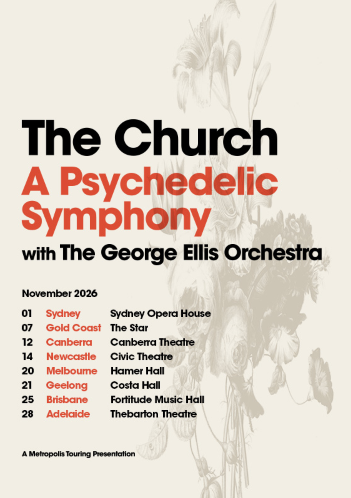 Tour poster for The Church: A Psychedelic Symphony with George Ellis Orchestra. Lists November 2026 Australian dates over a floral cream background.