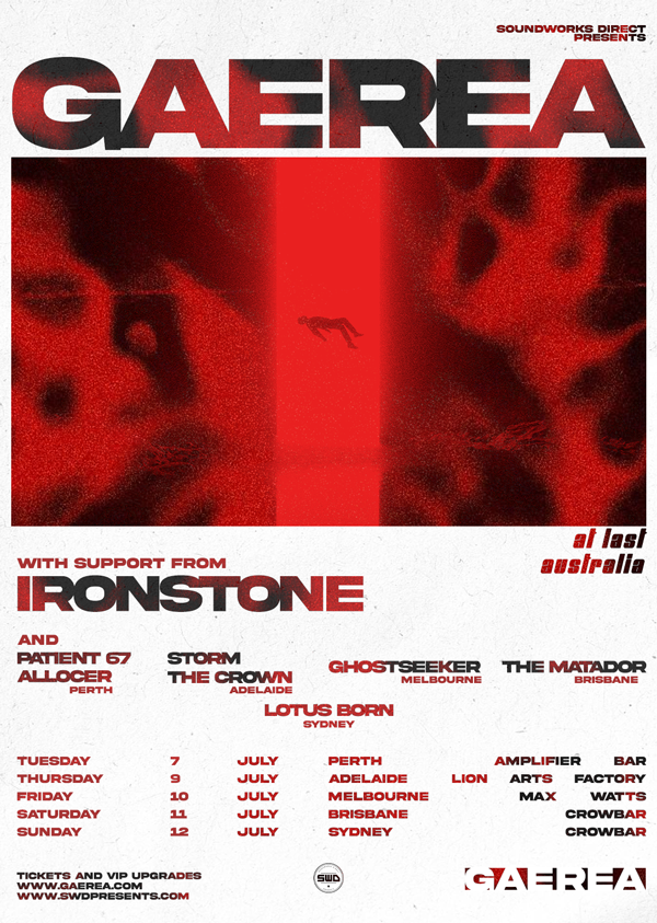 Gaerea Australian tour poster featuring support from Ironstone. Lists July dates for Perth, Adelaide, Melbourne, Brisbane, and Sydney in red and white.