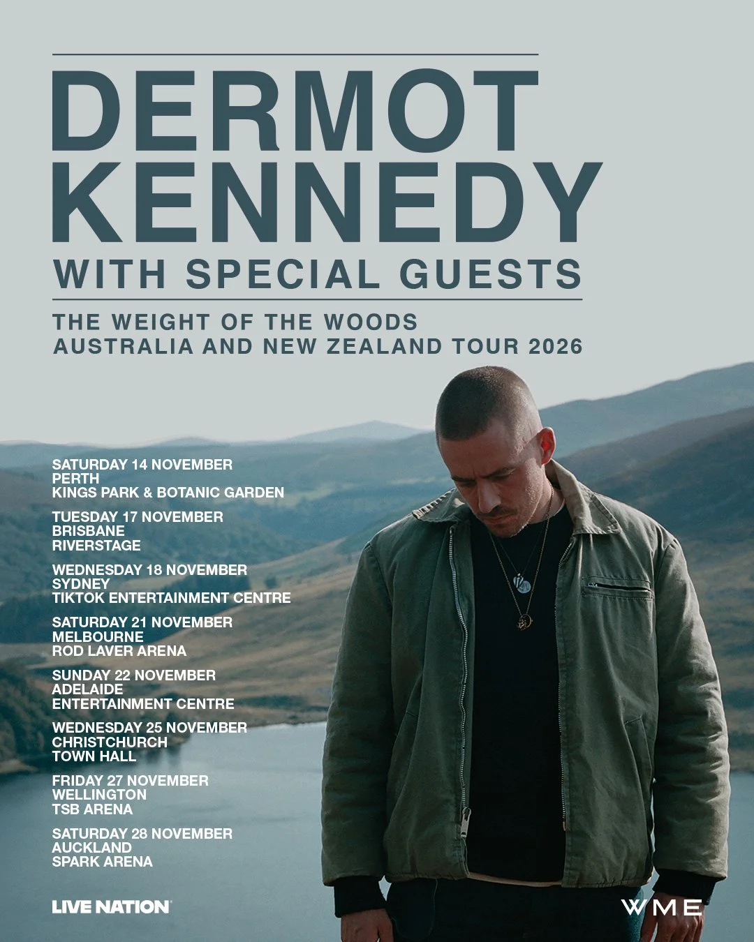Dermot Kennedy 2026 Australia and New Zealand tour poster featuring the artist in a green jacket against a scenic mountain and lake background.