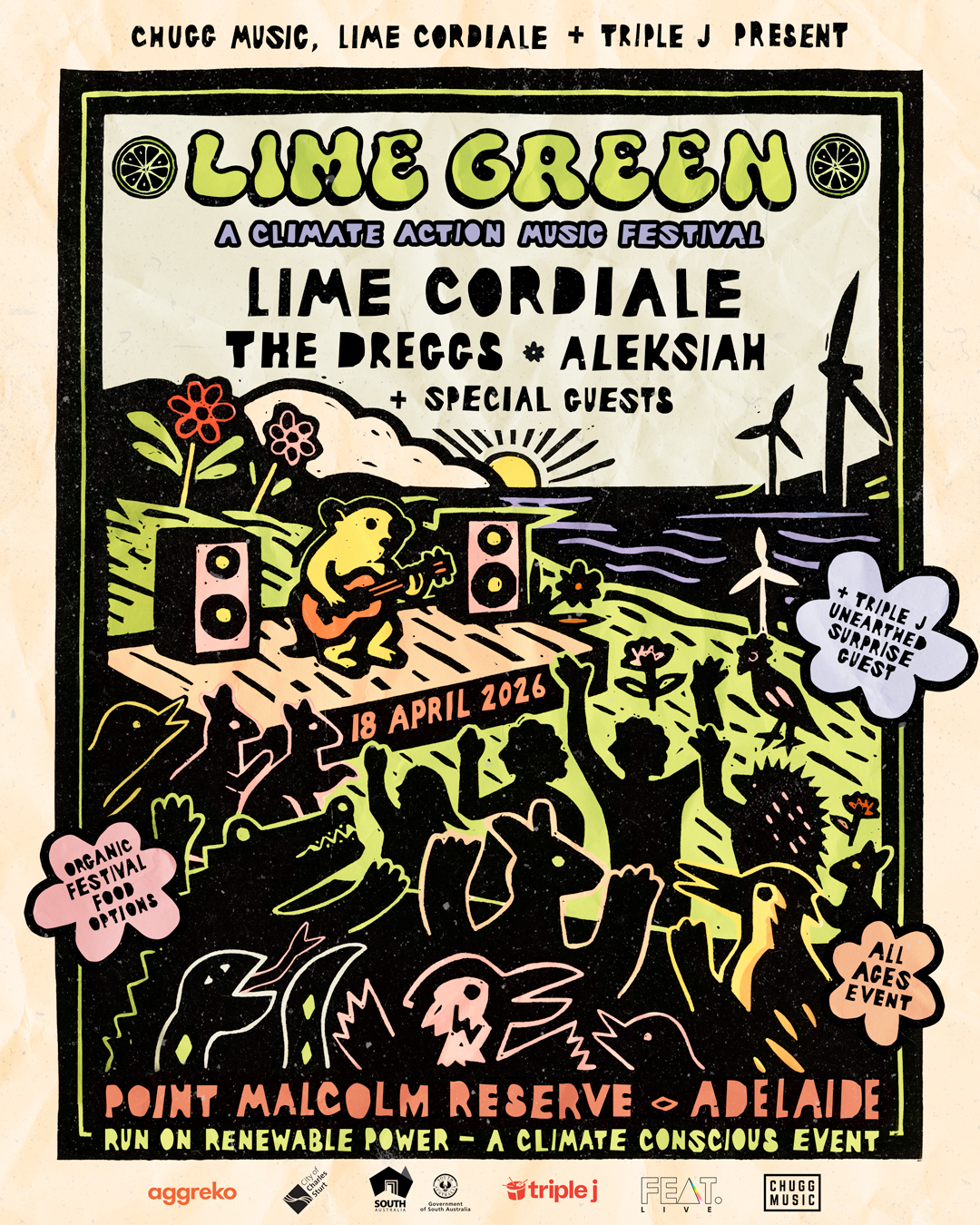 "Lime Green" 2026 climate action festival poster in Adelaide, featuring Lime Cordiale, The Dreggs, and Aleksiah at Point Malcolm Reserve on April 18.