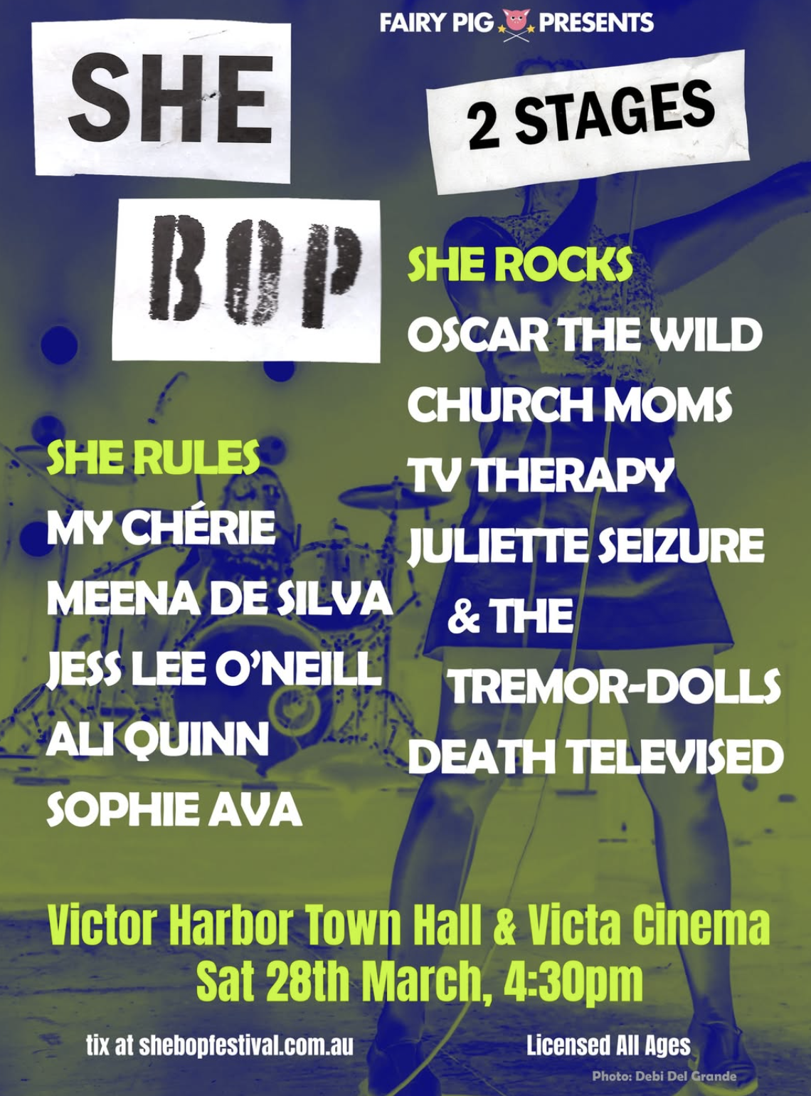Poster for She Bops Festival at Victor Harbor Town Hall, March 28. Lineup includes Oscar the Wild and My Chérie. Licensed all ages indie music event.