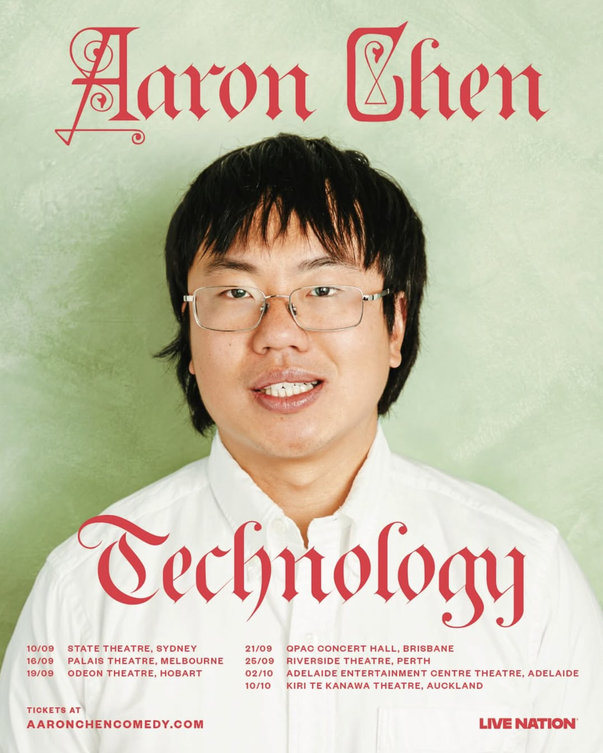 Comedy tour poster for Aaron Chen's "Technology" show, featuring his headshot over a green background with Australian and New Zealand tour dates.