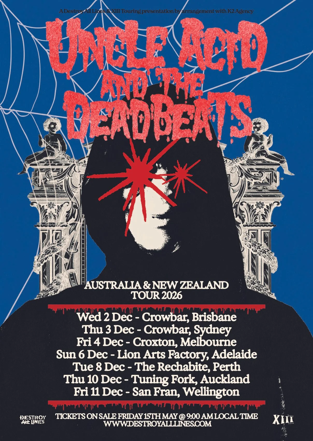 Uncle Acid & The Deadbeats 2026 Australia & New Zealand tour poster. Lists dates for Brisbane, Sydney, Melbourne, Adelaide, Perth, and NZ over a hooded figure.