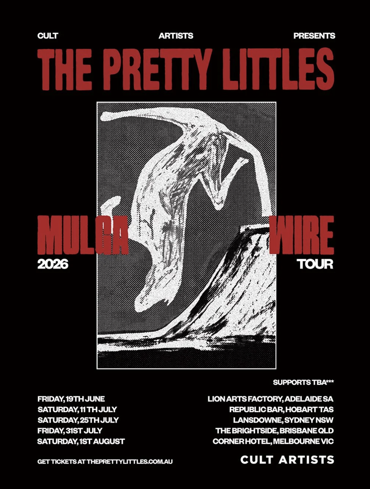 The Pretty Littles "Mulga Wire" 2026 tour poster featuring a stylized white illustration on black with red text and dates for Adelaide, Hobart, and more.