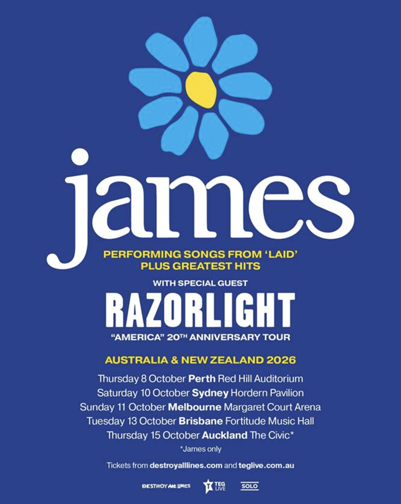 English rock band James 2026 Australia and New Zealand tour poster with Razorlight, featuring a iconic blue and yellow daisy on a blue background.