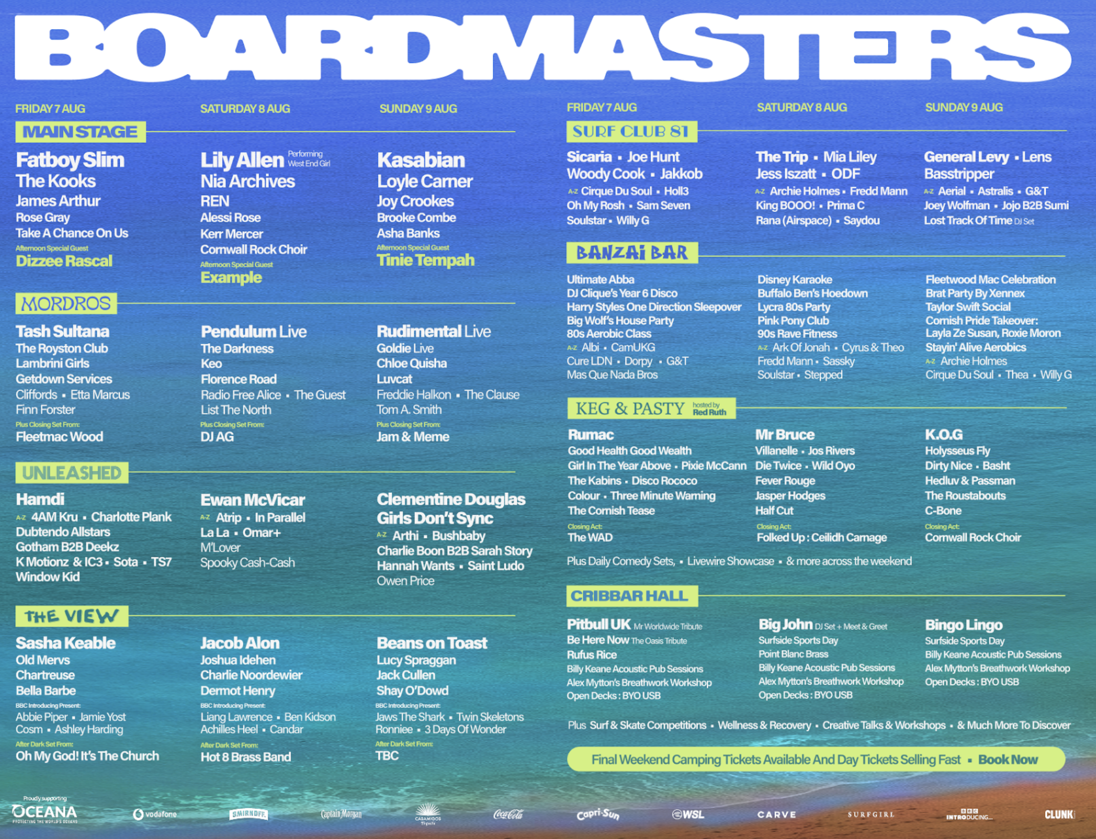 Boardmasters 2025 lineup poster showing artist playing days. Headliners include Fatboy Slim, Lily Allen, and Kasabian across multiple stages in Cornwall.
