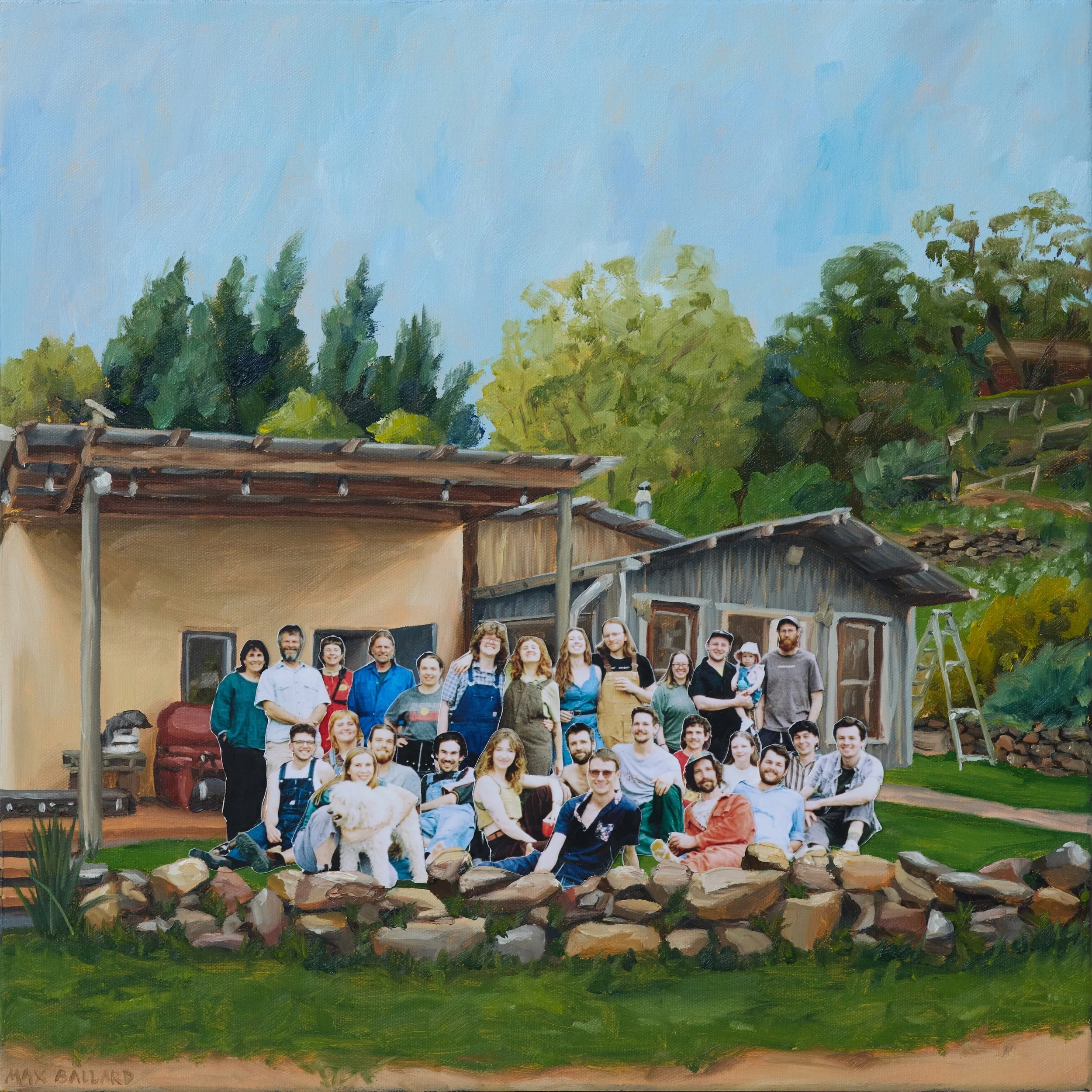 Oil painting of Bromham band members and friends gathered outside a rustic house with a green hillside background. Text: "MAX BALLARD" in corner.