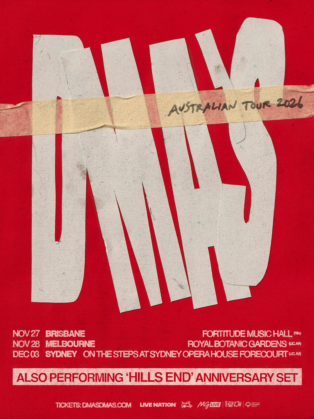 DMA'S Australian Tour 2026 poster. Dates for Brisbane, Melbourne, and Sydney featuring a Hills End anniversary set. Red background with paper cutout text.