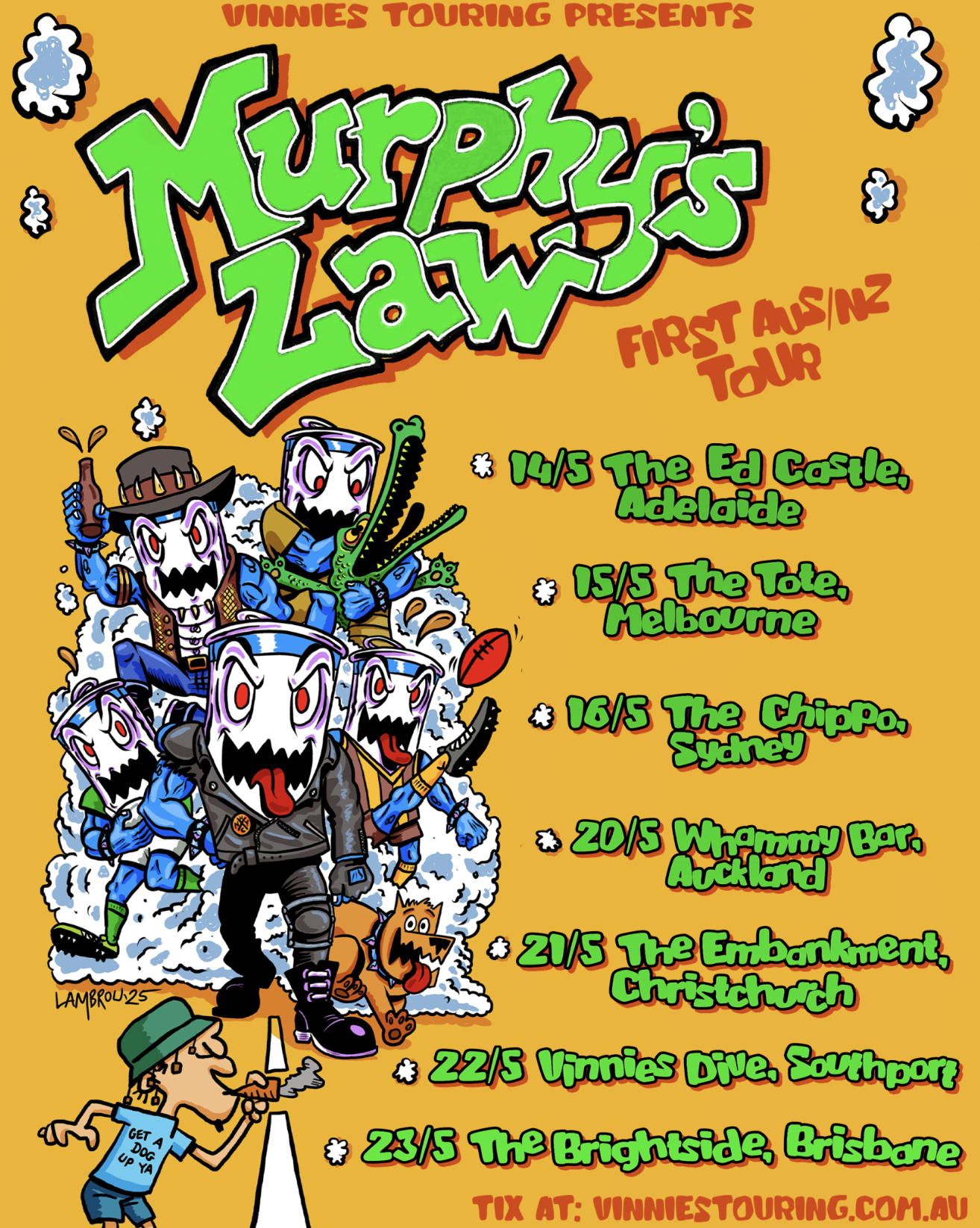 Murphy's Law First AUS/NZ Tour poster featuring cartoon characters on a yellow background, with 2025 dates for Adelaide, Melbourne, Sydney, and NZ.