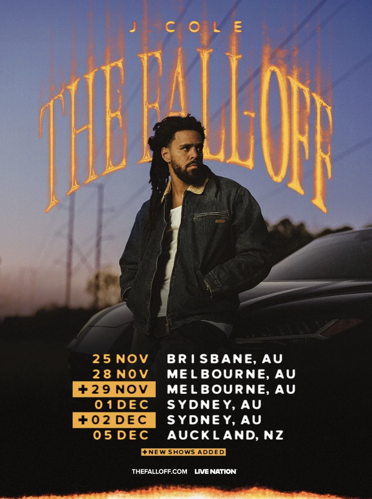 J. Cole "The Fall Off" 2026 tour poster for Australia and New Zealand. Includes dates for Brisbane, Melbourne, Sydney, and Auckland.
