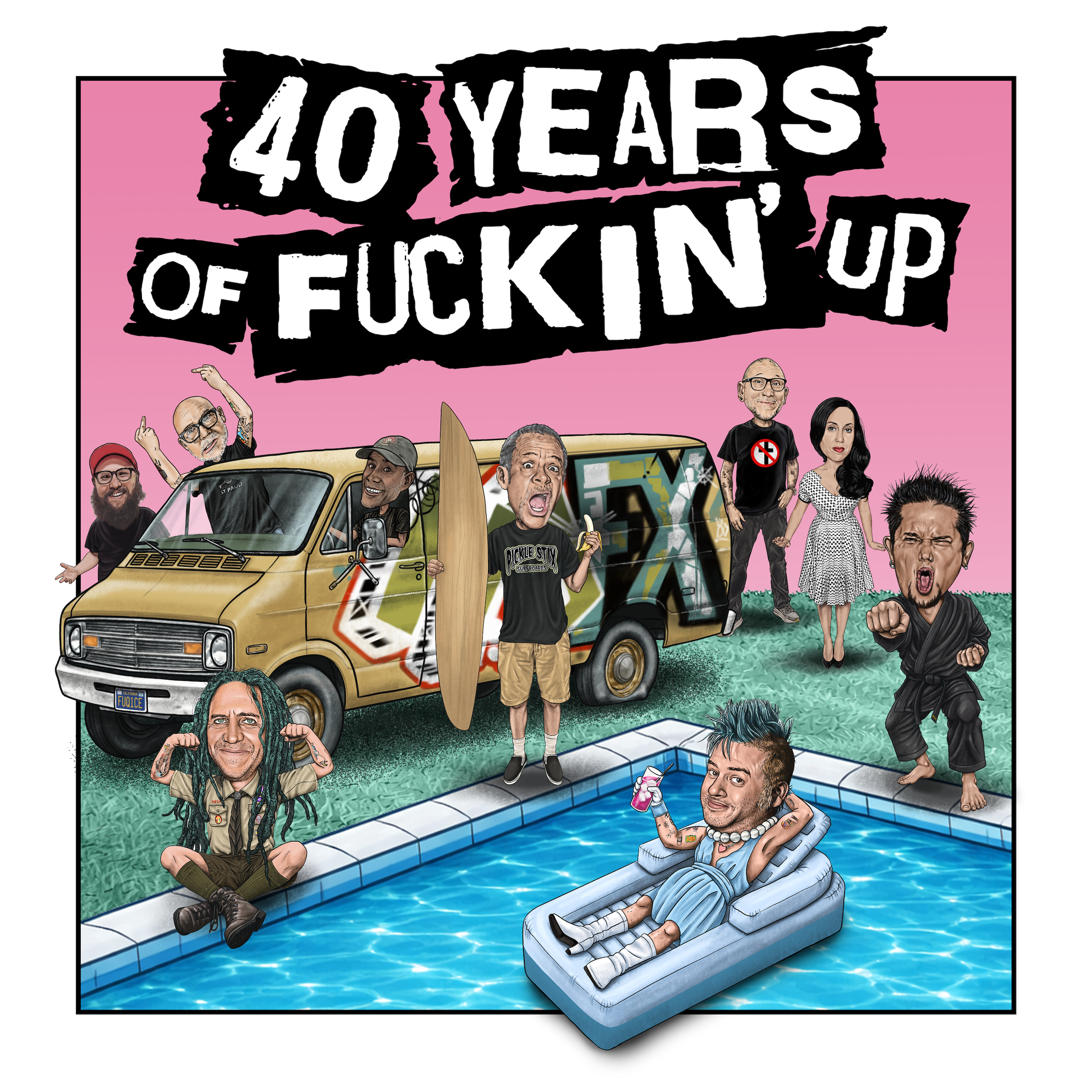 Illustrated album cover for NOFX's "40 Years of Fuckin' Up" featuring caricature band members around a swimming pool and a yellow tour van.