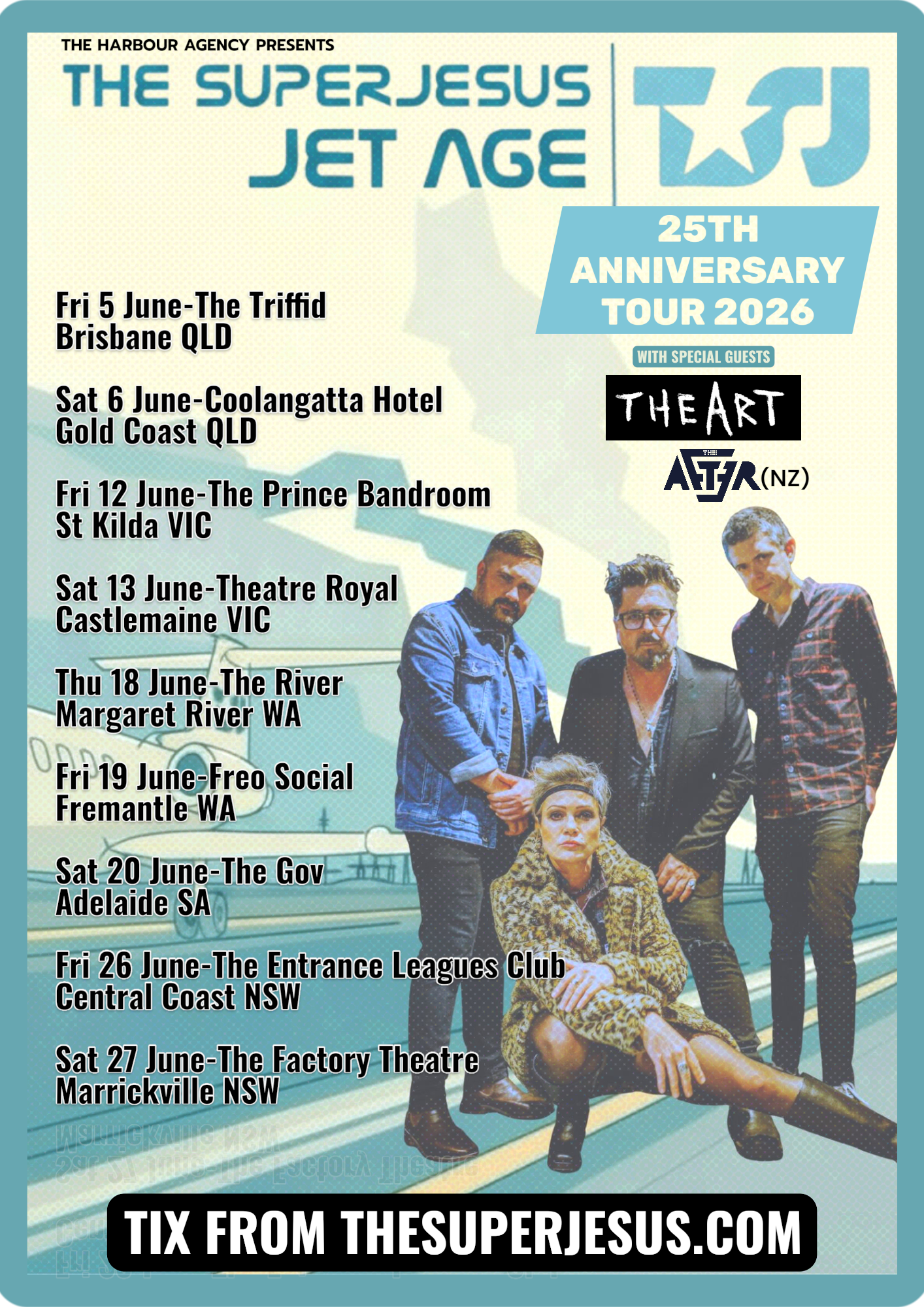 The Superjesus 'Jet Age' 25th Anniversary Tour 2026 poster. Lists Australian dates for Brisbane, Sydney, Melbourne, and more with guests The Art.