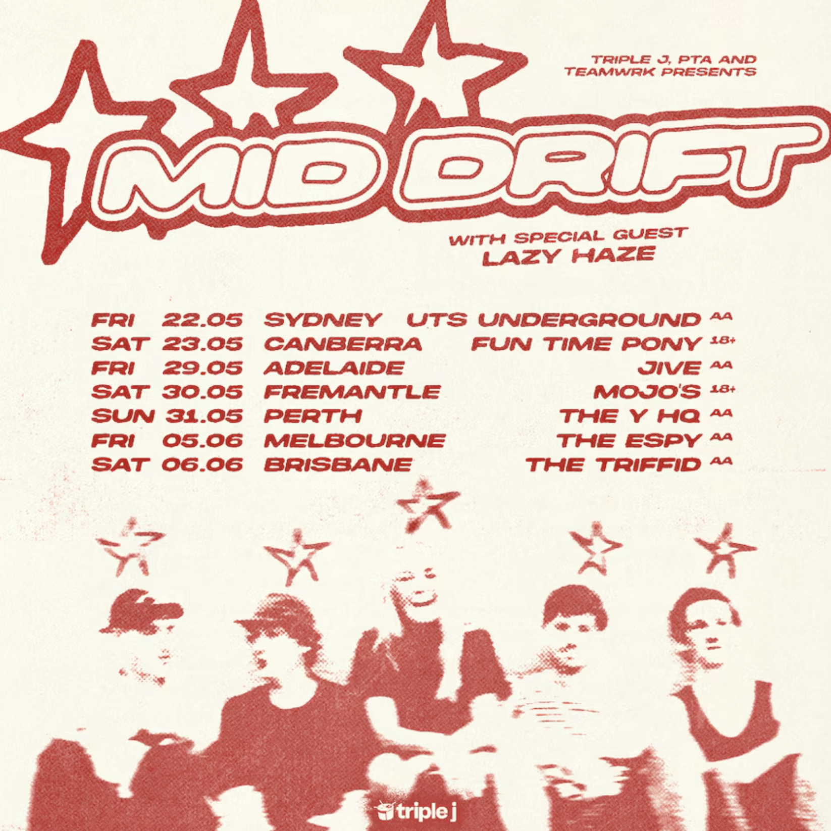 Mid Drift Australian tour poster with special guest Lazy Haze, featuring 2026 dates in Sydney, Melbourne, and Brisbane with a red lo-fi band graphic.
