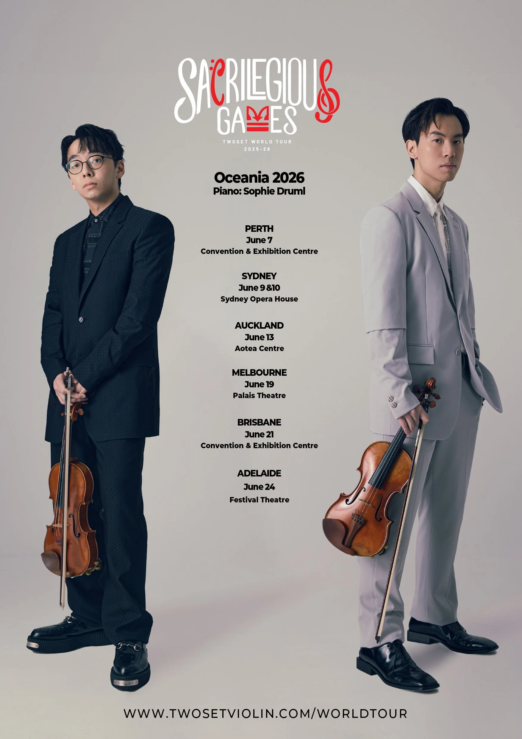 Tour poster for TwoSet Violin’s "Sacrilegious Games" 2026 Oceania Tour, listing dates in Perth, Sydney, Auckland, Melbourne, Brisbane, and Adelaide.