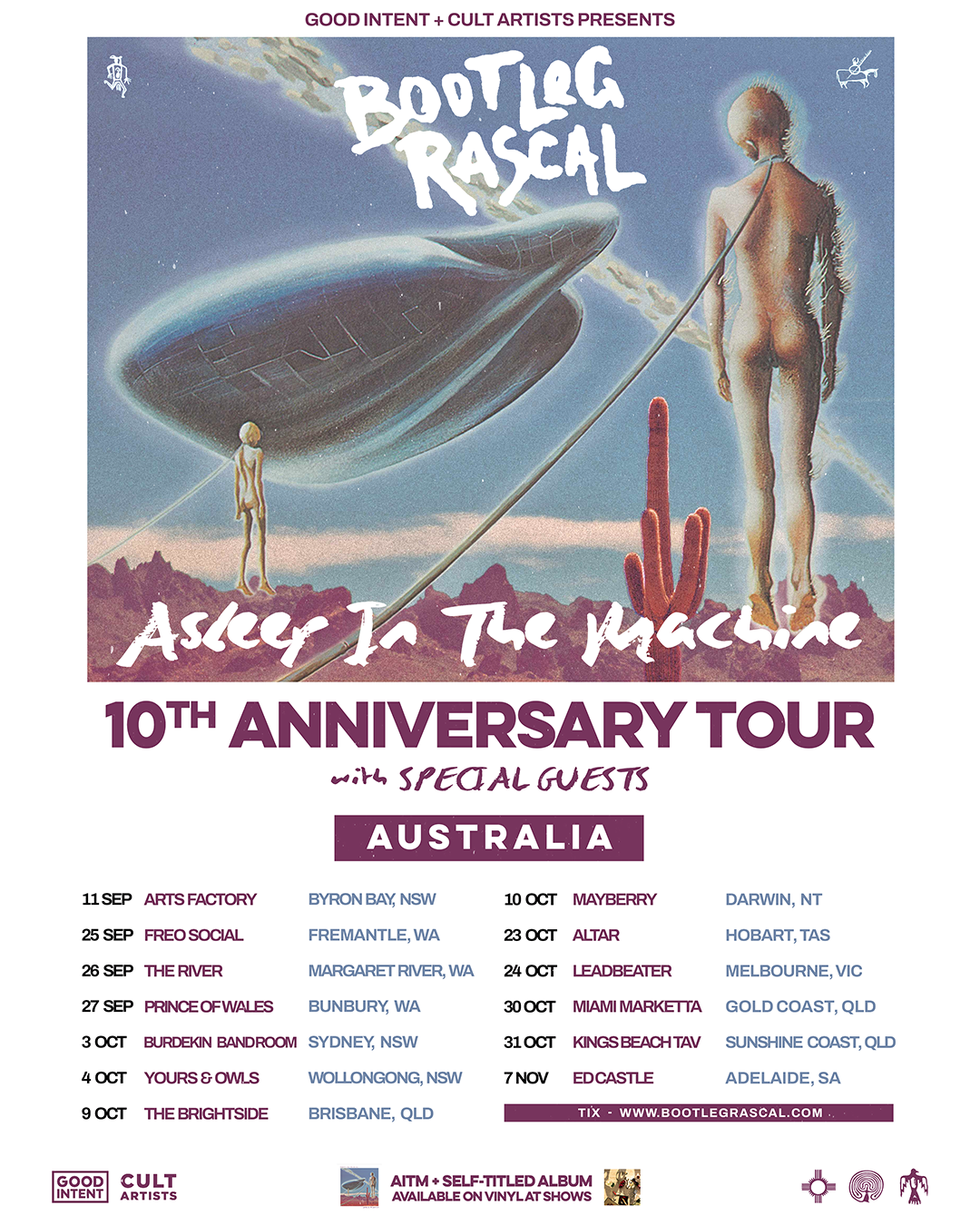 Bootleg Rascal "Asleep In The Machine" 10th Anniversary Australian Tour poster with dates, surreal sci-fi artwork, spaceship, and desert.