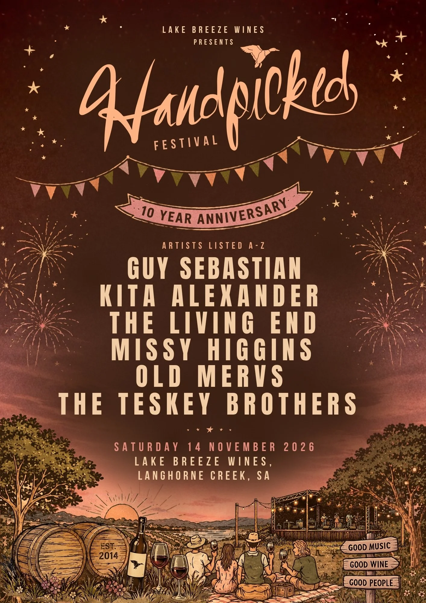 Handpicked Festival 2026 10-year anniversary poster on a warm dusk background, listing Guy Sebastian and others above a vineyard picnic illustration.