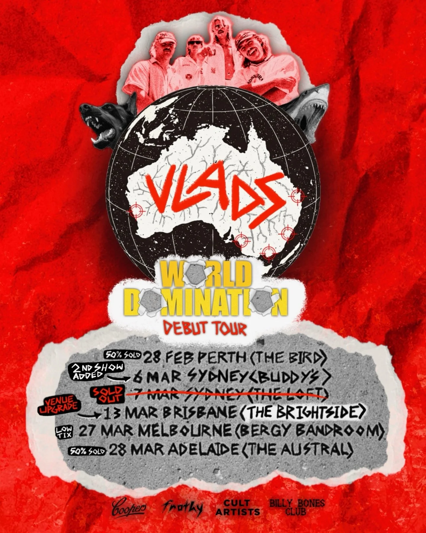 Vlads World Domination Debut Tour poster. Red background with Australia map, band photo, and 2026 dates for Perth, Sydney, Brisbane, and Melbourne.