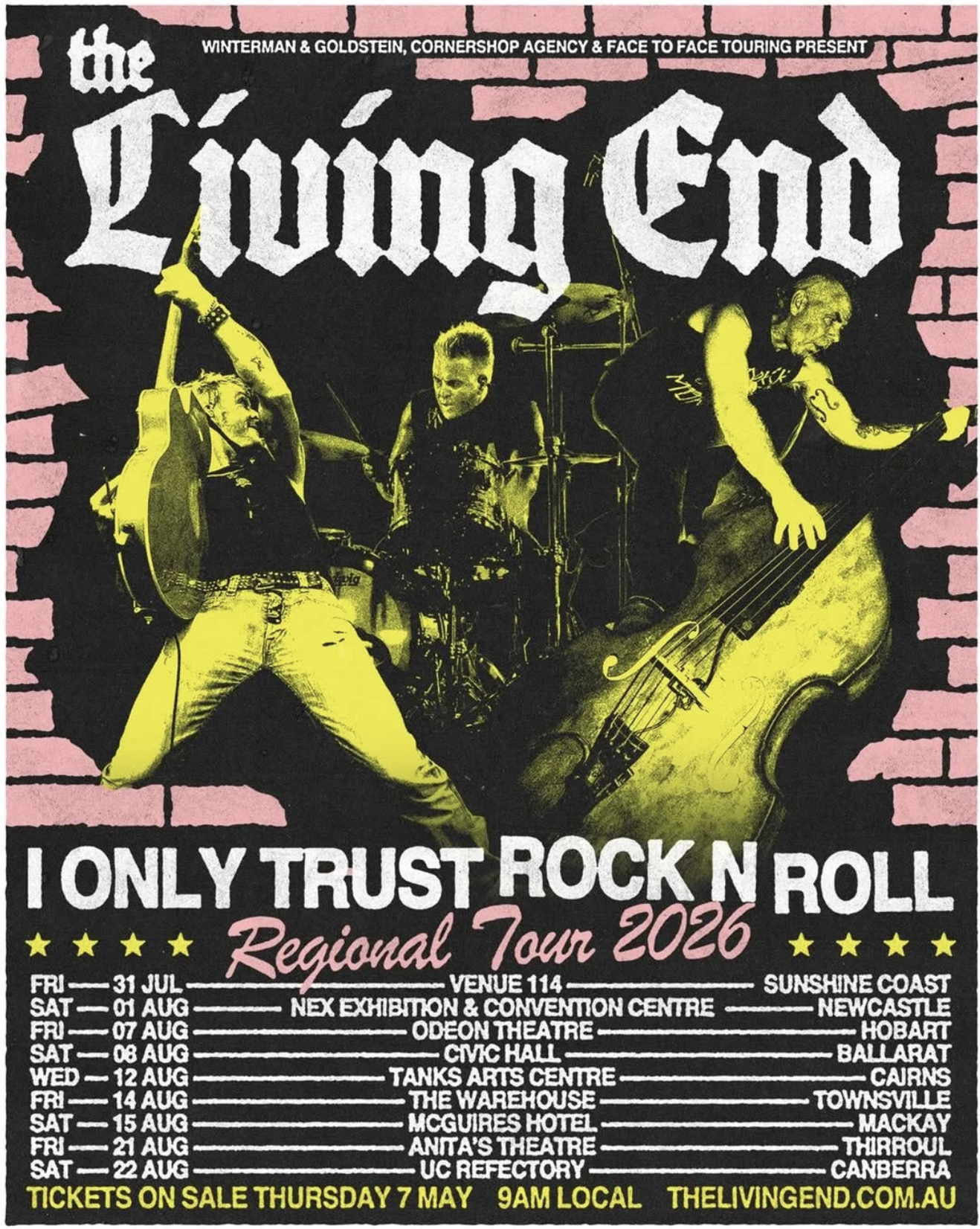 The Living End tour poster for the 2026 I Only Trust Rock N Roll Regional Tour. Featuring band members on a pink brick background with tour dates.