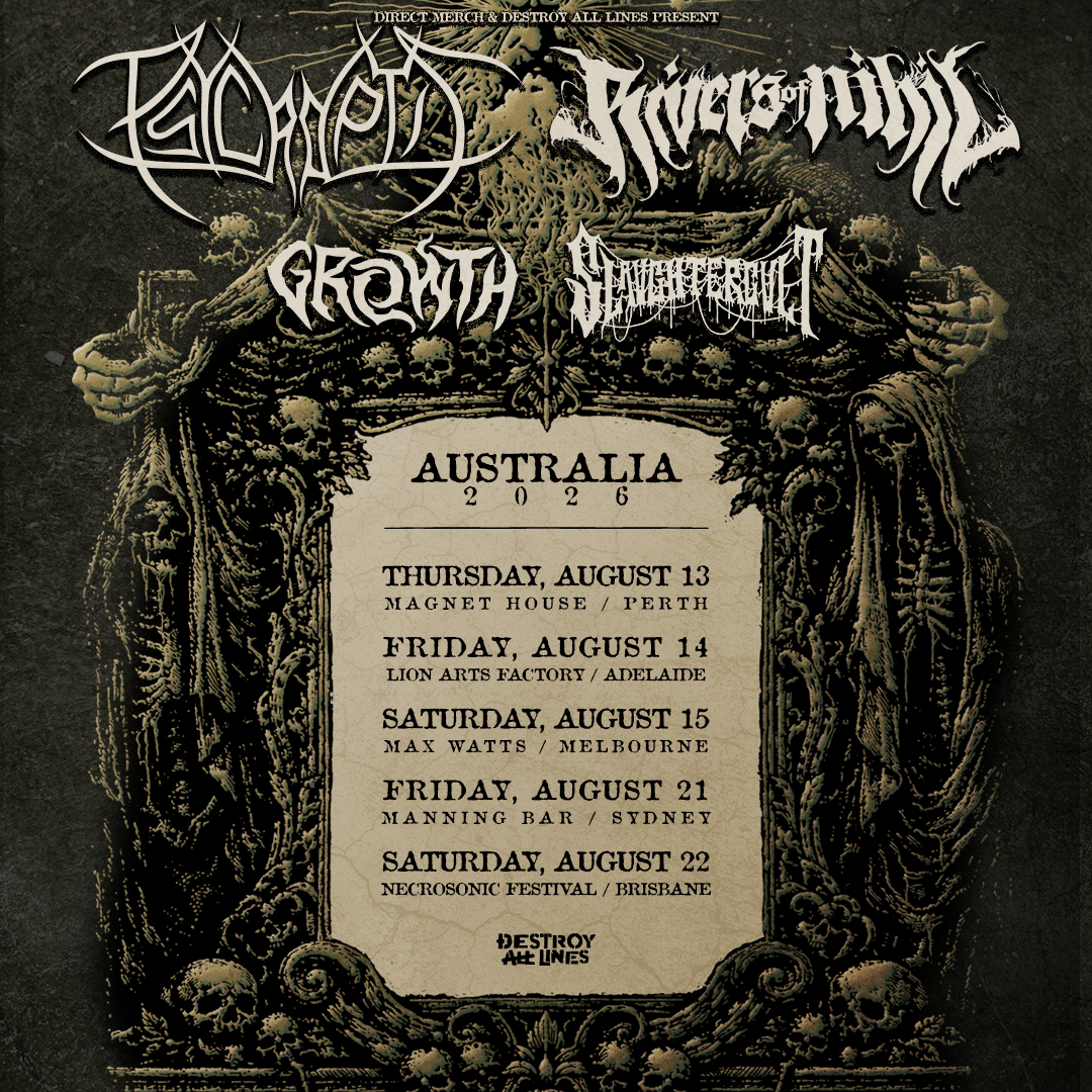 Psycroptic and Rivers of Nihil Australia 2026 tour poster listing dates for Perth, Adelaide, Melbourne, Sydney, and Brisbane with Growth and Slaughtercult.