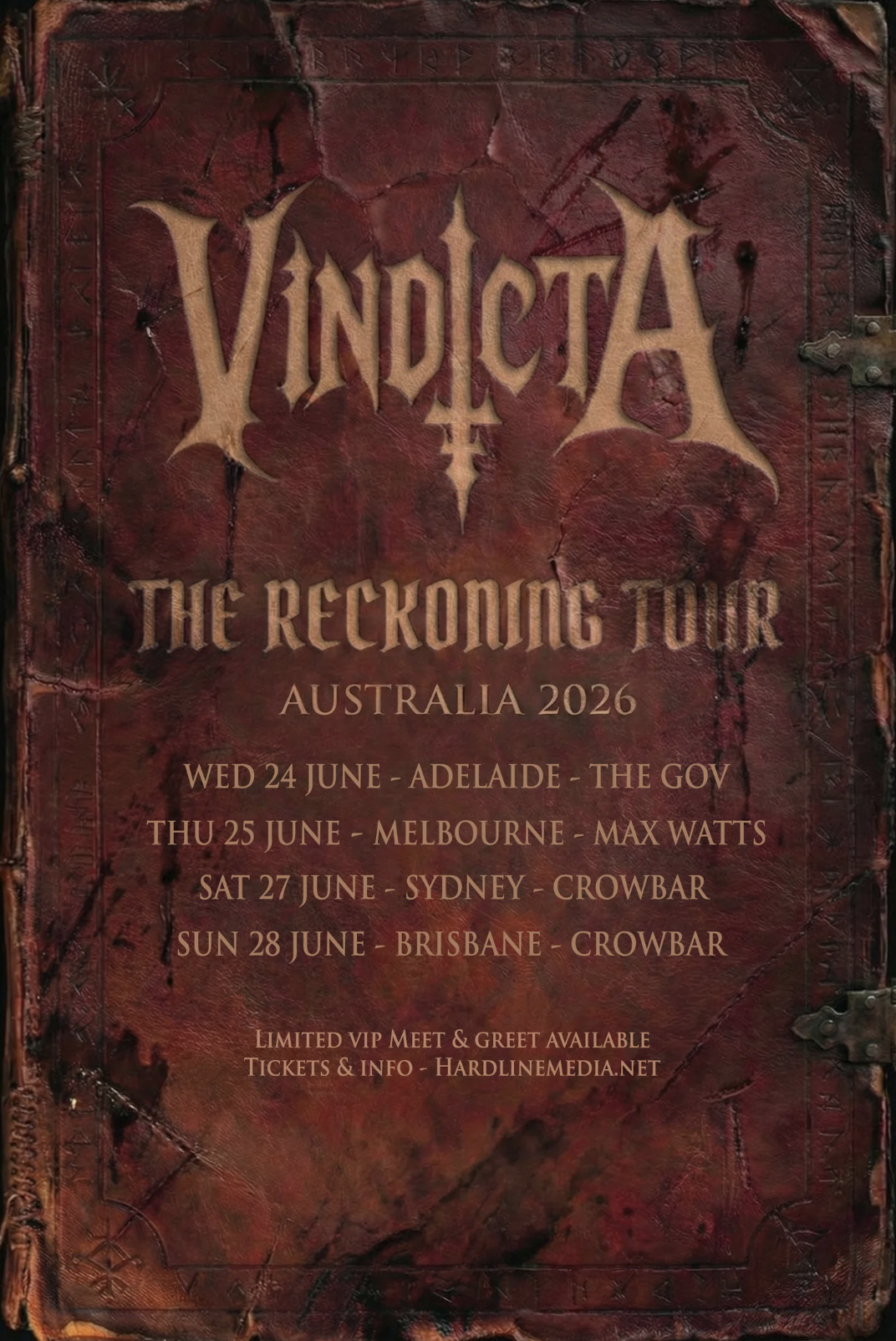 Vindicta "The Reckoning Tour" Australia 2026 poster on a leather tome, featuring tour dates for Adelaide, Melbourne, Sydney, and Brisbane in June.