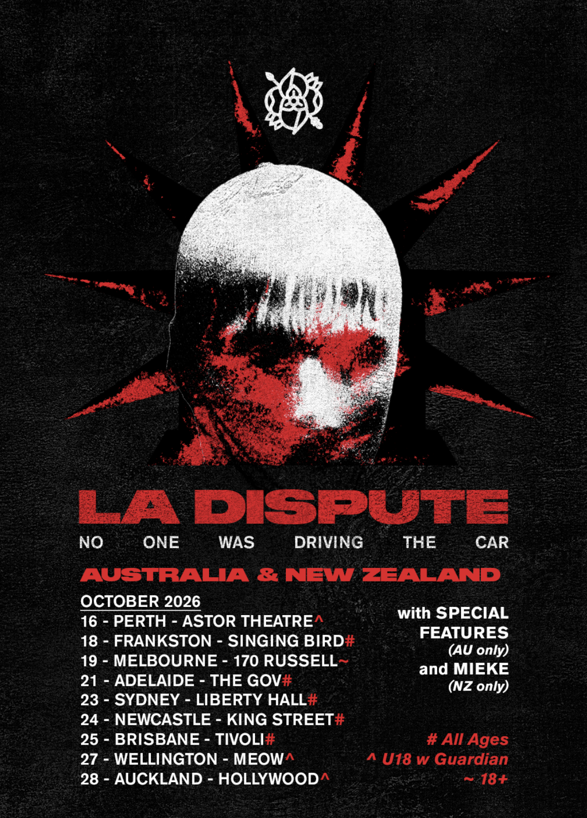 La Dispute "No One Was Driving The Car" 2026 Australia & NZ tour poster with October dates for Perth, Melbourne, Sydney, and Auckland on black.