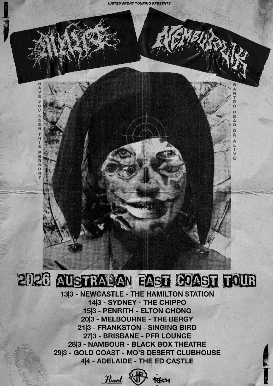 A dark, moody tour poster for the metalcore band Munt's Australia/NZ 'Unforeseen Demise' tour, listing 2026 dates across Auckland, Brisbane, Sydney, Melbourne, and Adelaide.