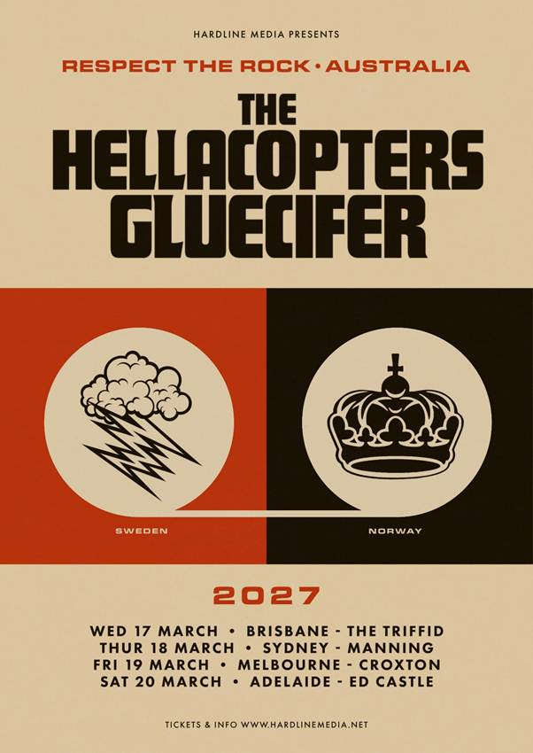 The Hellacopters and Gluecifer Respect the Rock Australian tour poster with 2027 show dates for Brisbane, Sydney, Melbourne, and Adelaide.