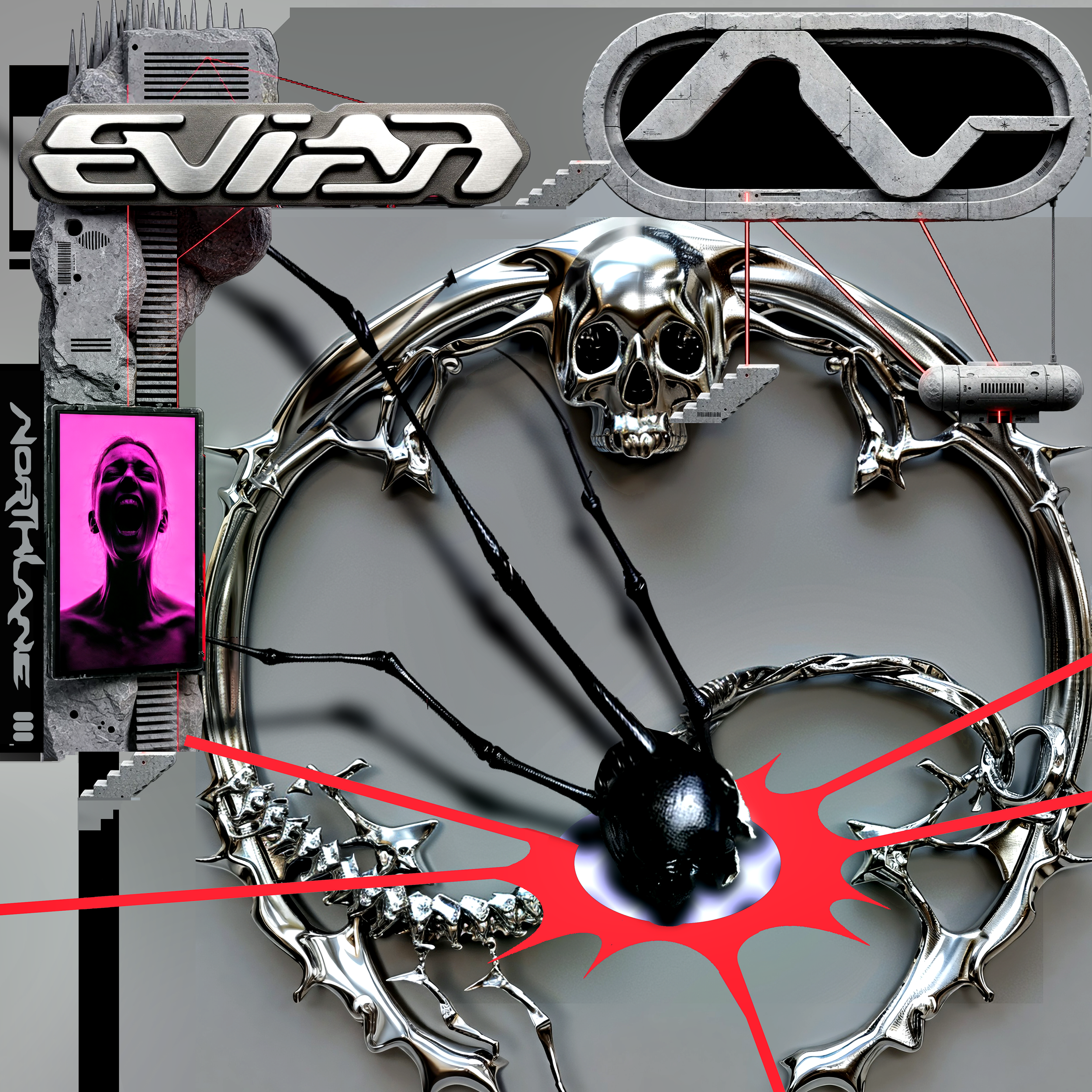 Cover art for Northlane's single 'Evian' featuring futuristic chrome visuals, a metallic skull, and jagged red accents in a bold industrial aesthetic.