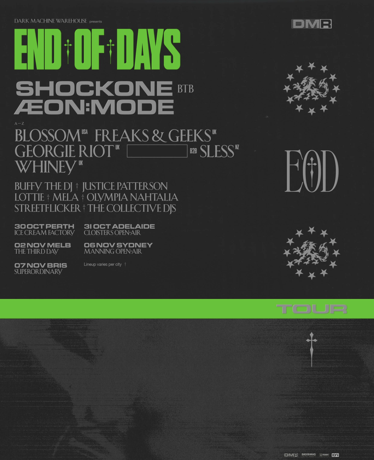 End of Days tour poster by Dark Machine Warehouse, featuring ShockOne BTB Aeon:Mode, Blossom, and more, across Perth, Adelaide, Melbourne, & Sydney.
