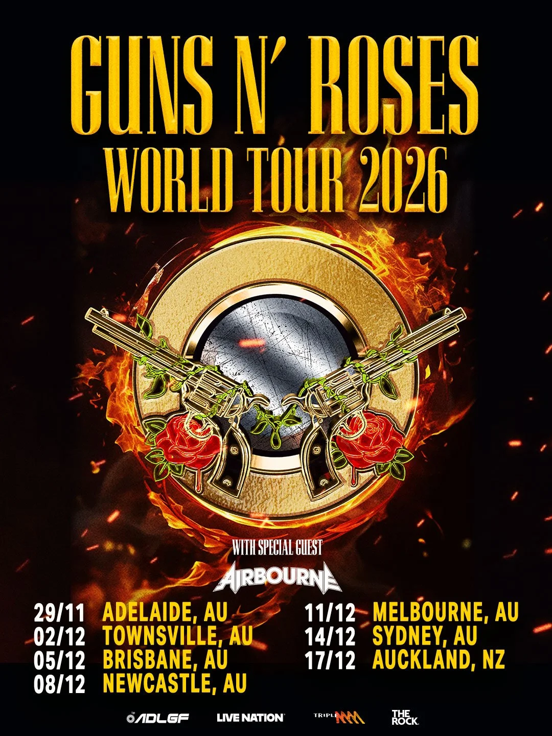 Guns N' Roses World Tour 2026 poster with iconic pistols and roses logo. Features tour dates for Adelaide, Brisbane, Sydney, Melbourne, and Auckland.