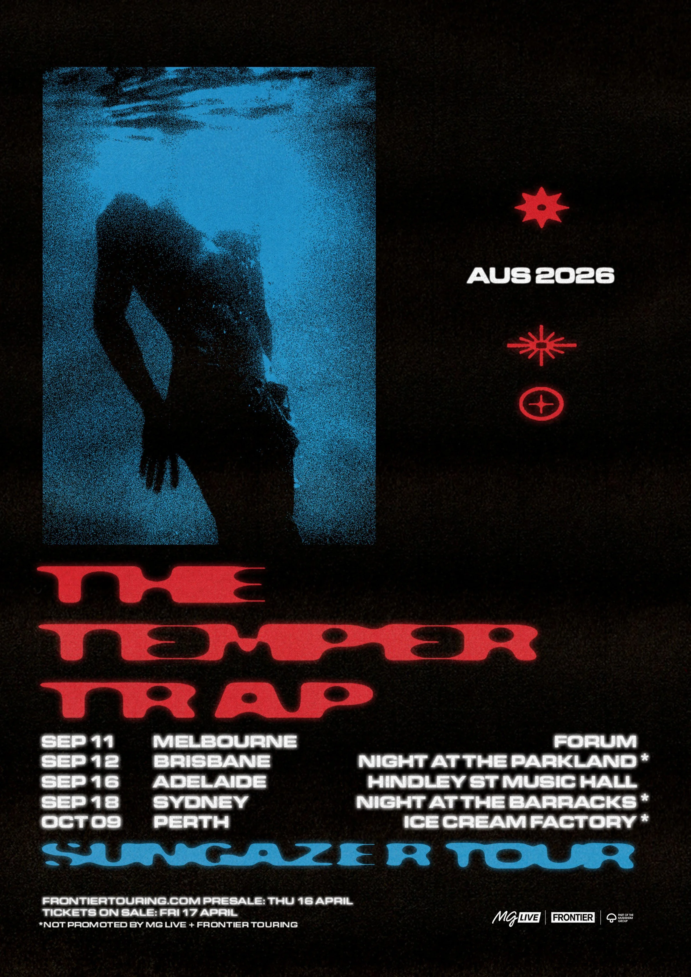 Tour poster for The Temper Trap 2026 Australia Sun Gazers Tour with dates in Melbourne, Brisbane, Adelaide, Sydney and Perth.