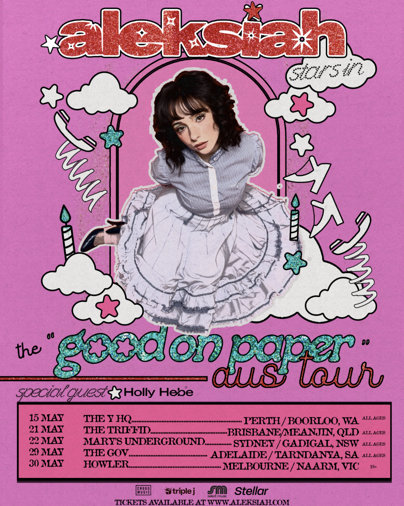 Pink "The Good on Paper Aus Tour" poster for aleksiah with special guest Holly Hebe. Lists May 2026 dates for Perth, Brisbane, Sydney, and Adelaide.