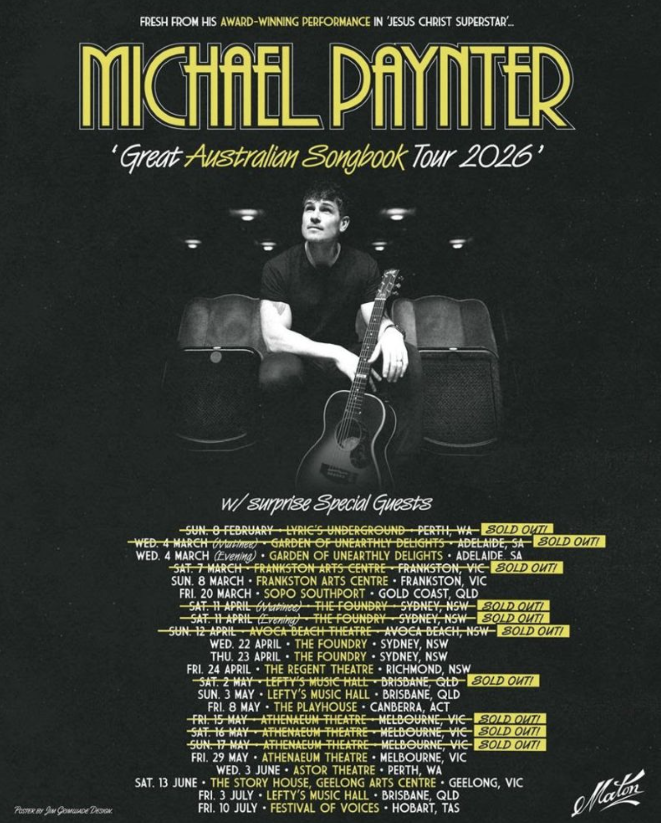 Michael Paynter "Great Australian Songbook Tour 2026" poster. Features Australian tour dates for Sydney, Melbourne, Brisbane, Perth, and Hobart.