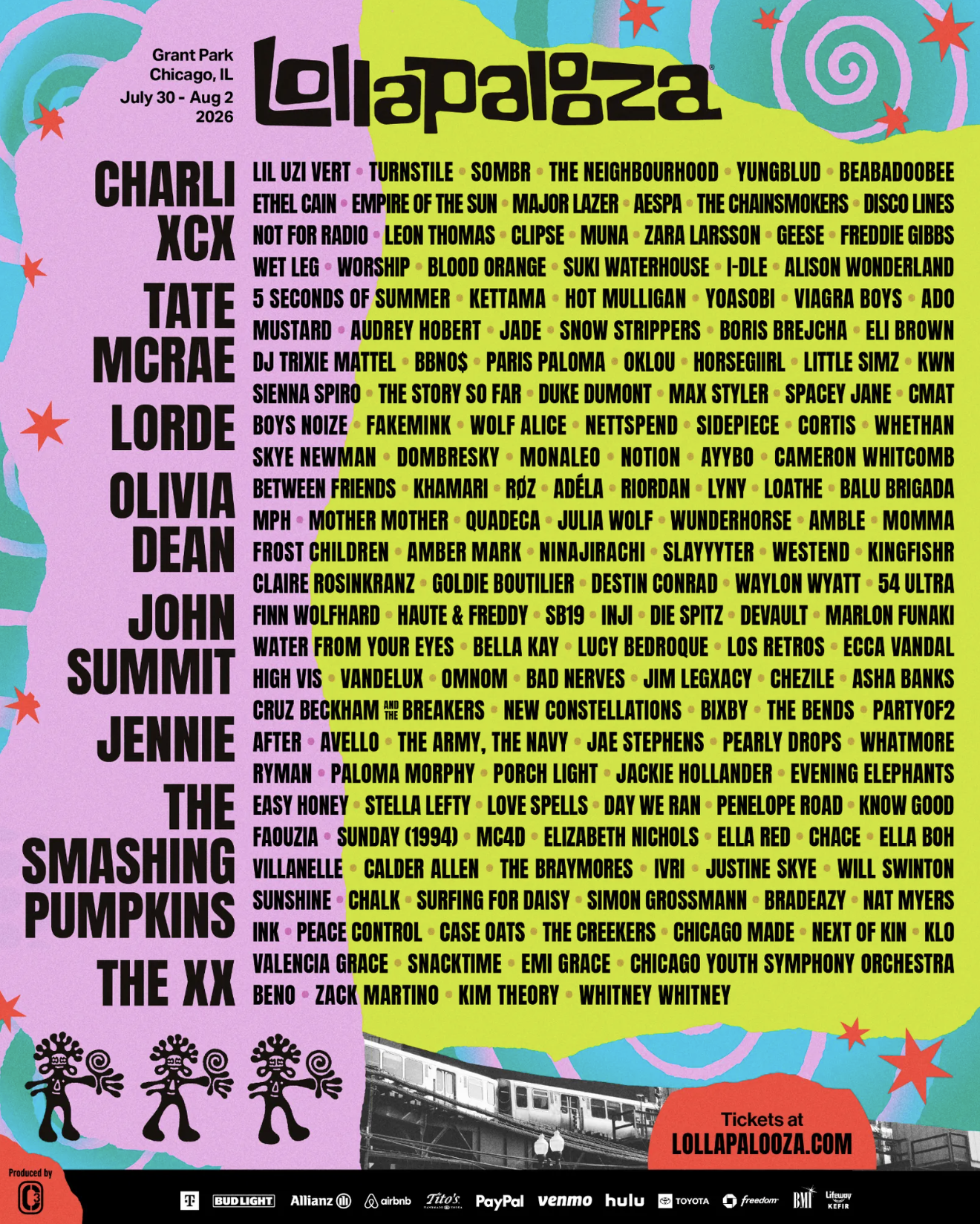 Lollapalooza 2026 poster for Grant Park, Chicago, July 30-Aug 2. Headliners include Charli XCX, Lorde, and The Smashing Pumpkins on a colorful layout.