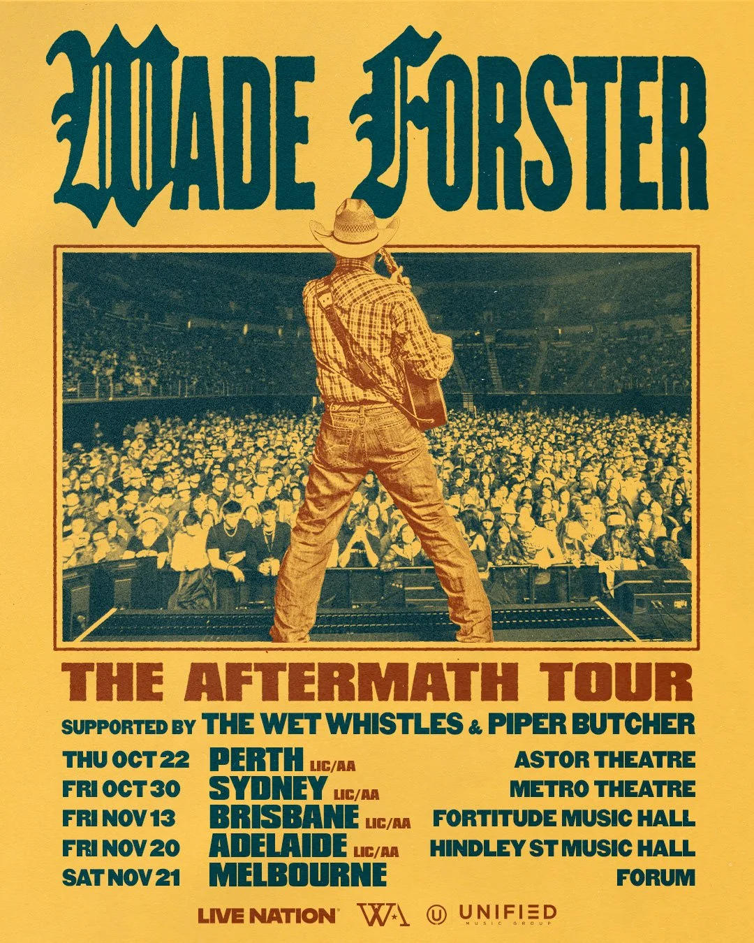 Wade Forster The Aftermath Tour poster featuring tour dates in Perth, Sydney, Brisbane, Adelaide, and Melbourne. Shows artist on stage facing a crowd.