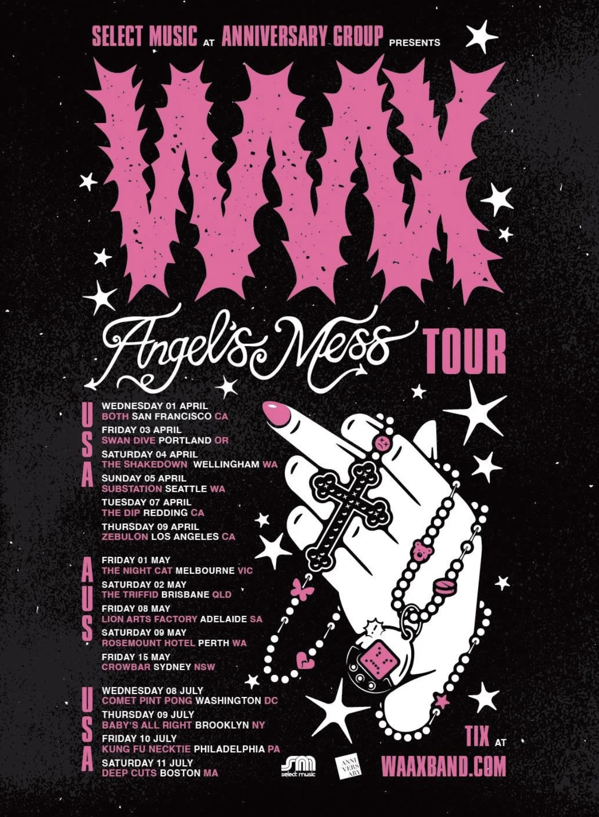 Tour poster for WAAX Angel's Mess Tour featuring US and Australian dates. Pink punk-style graphics with a hand holding a cross and digital pet.