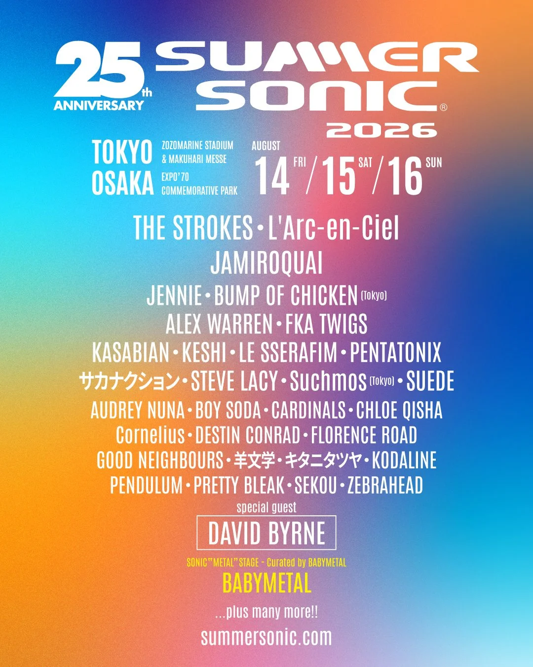 Summer Sonic 2026 25th Anniversary poster for Tokyo and Osaka, featuring headliners The Strokes, Jamiroquai, and special guest David Byrne.