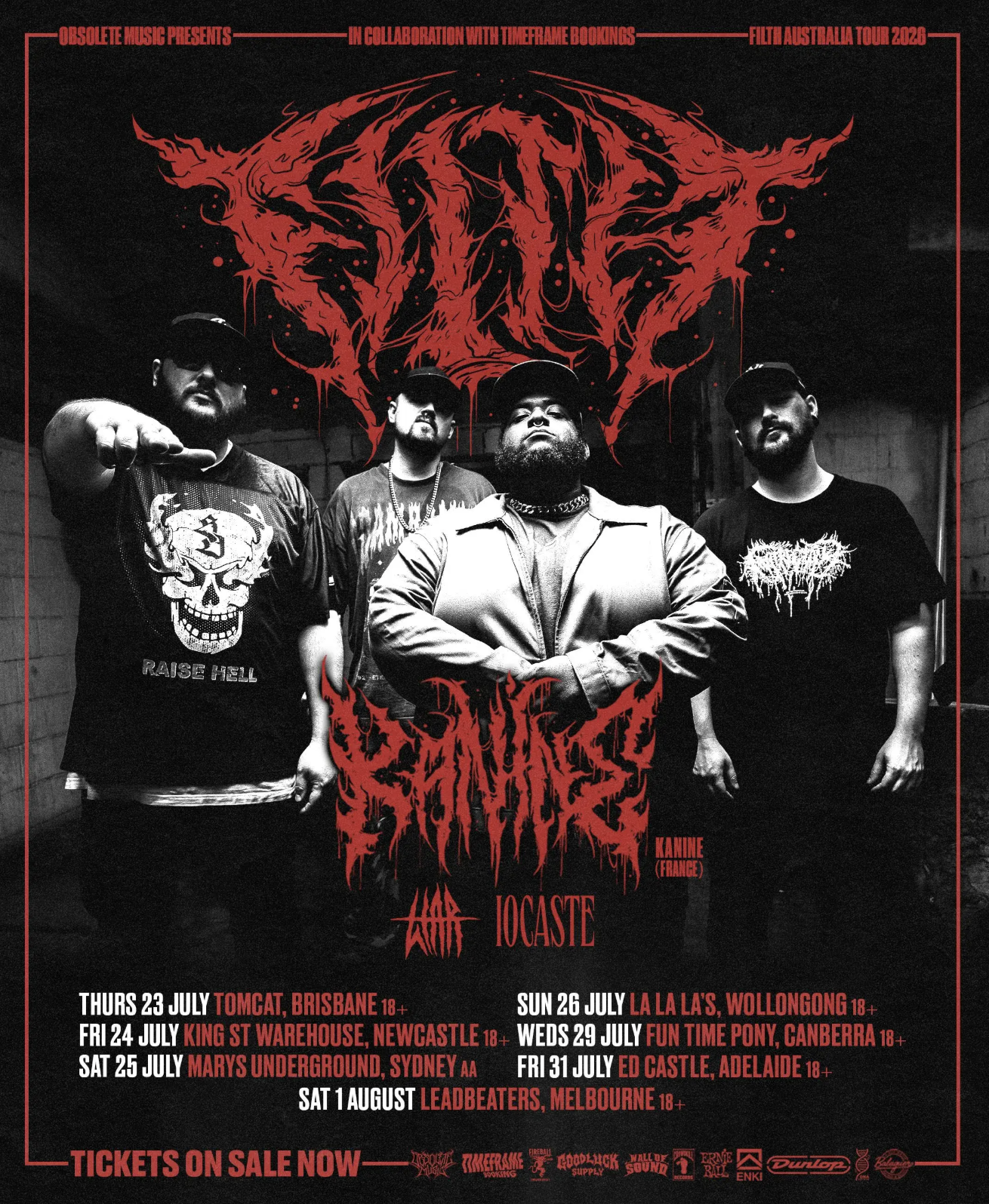 Filth Australia Tour 2026 poster featuring Kanine, War, and Iocaste. Black and white band photo with red deathcore logos and July-August tour dates.